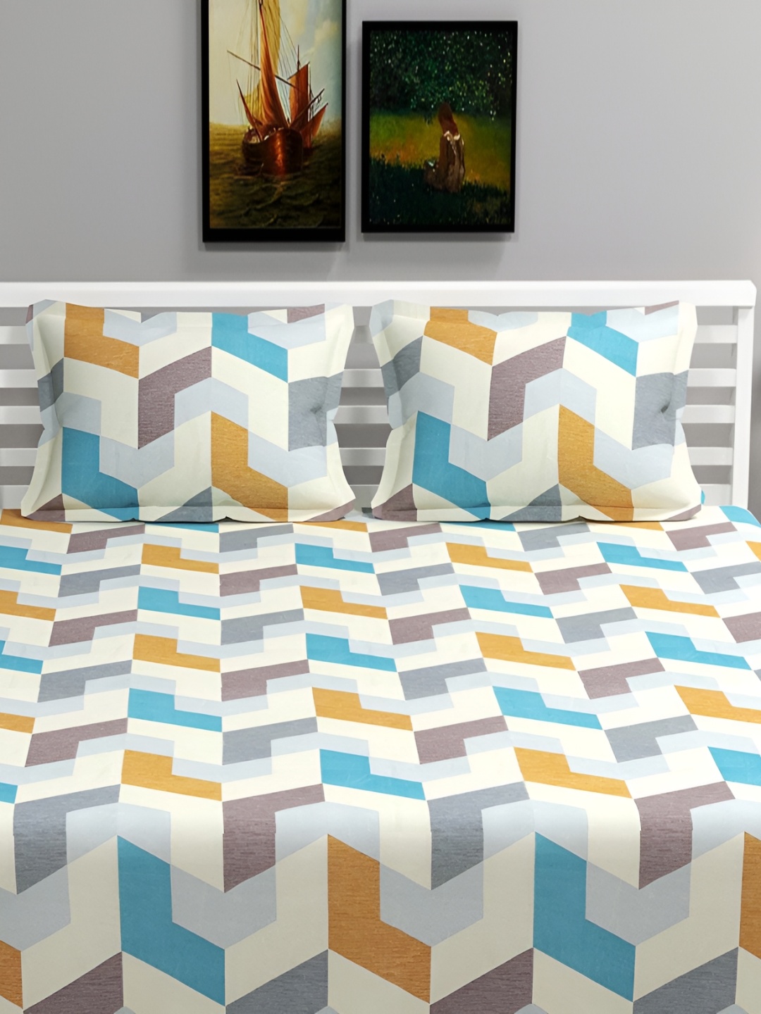 

bsb home White & Turquoise Blue 180 TC King Bedsheet with 2 Pillow Covers