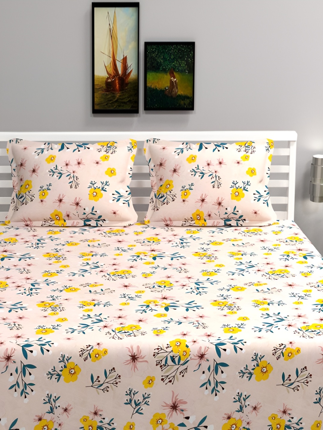 

bsb home Turquoise Blue & Yellow 180 TC King Bedsheet with 2 Pillow Covers