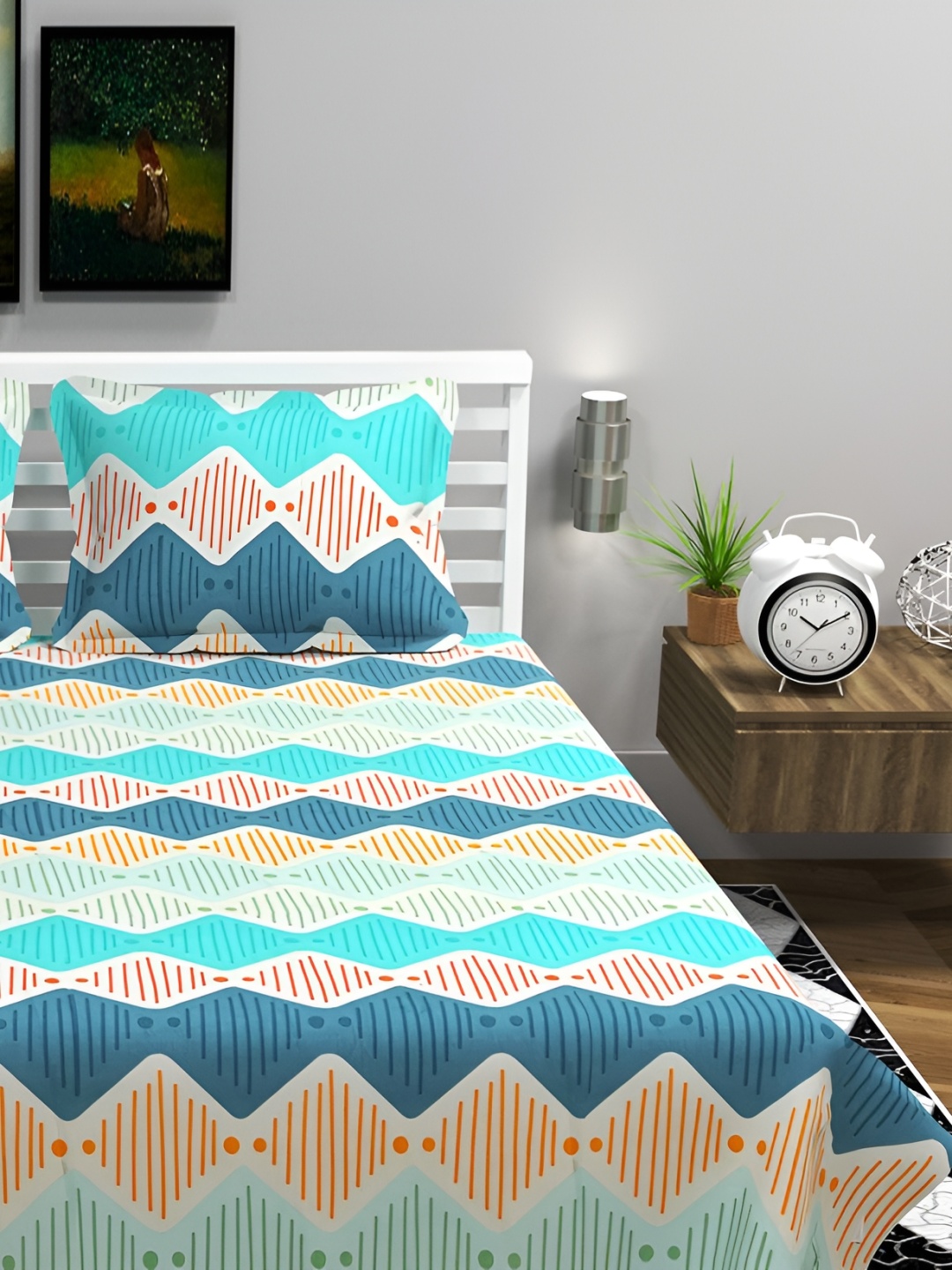

bsb home Turquoise Blue & Yellow 180 TC King Bedsheet with 2 Pillow Covers