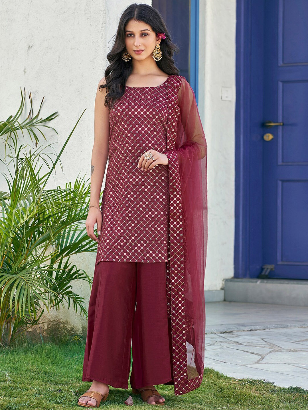 

KALINI Embroidered Regular Sequinned Straight Kurta With Palazzos & Dupatta, Maroon