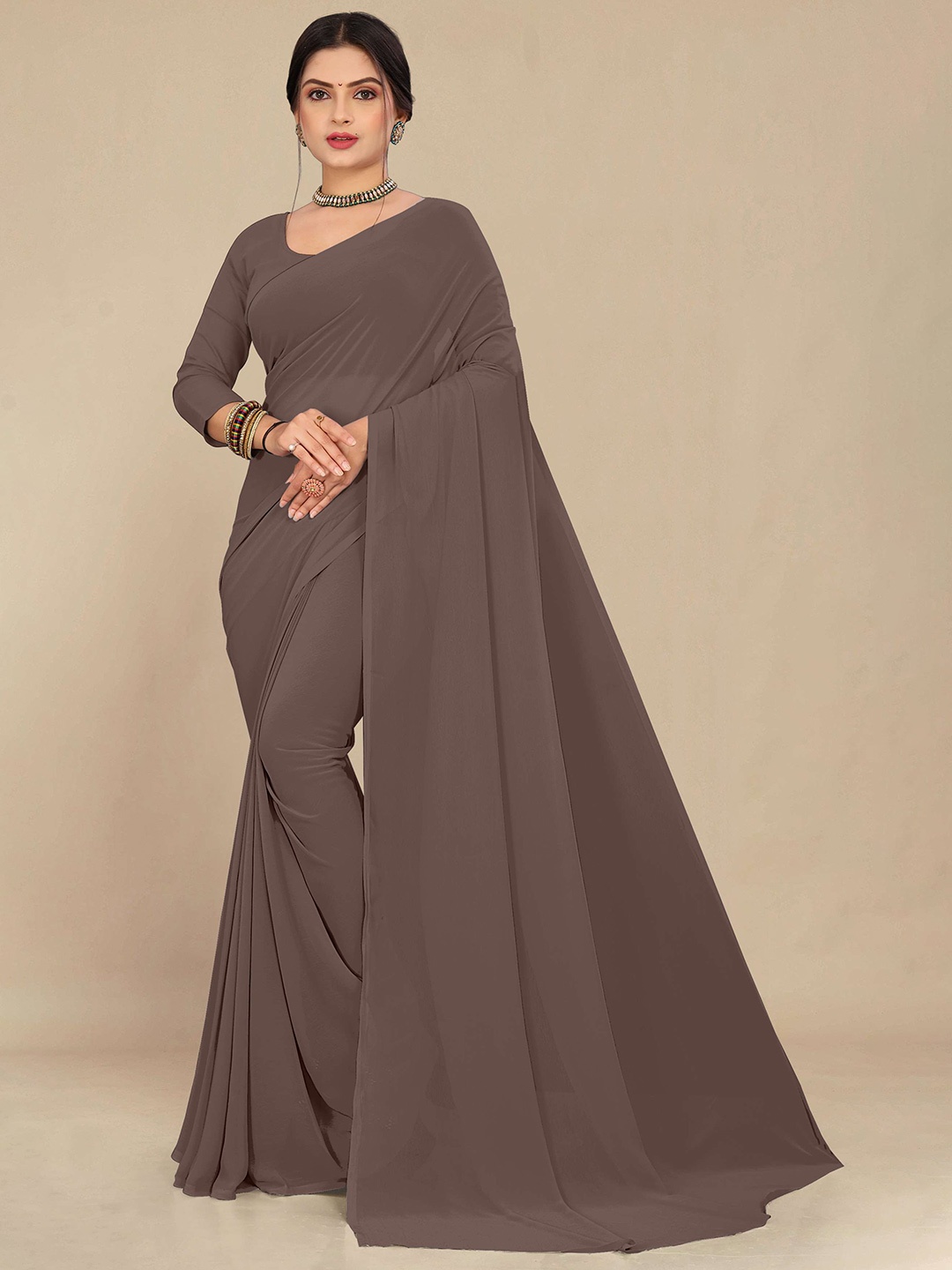 

STAVA CREATION Pure Georgette Saree, Taupe