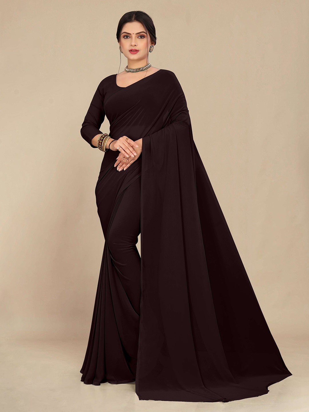 

STAVA CREATION Pure Georgette Saree, Coffee brown