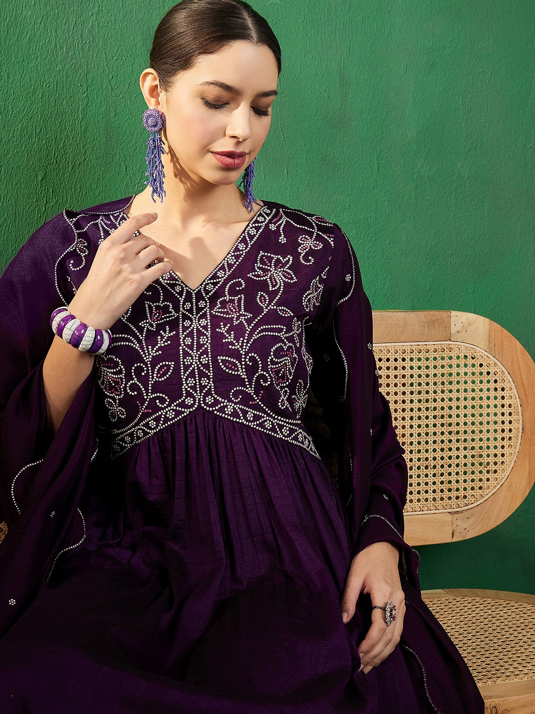 

Sangria Ethnic Motifs Embroidered V-Neck A-line Kurta & Trousers With Dupatta, Purple