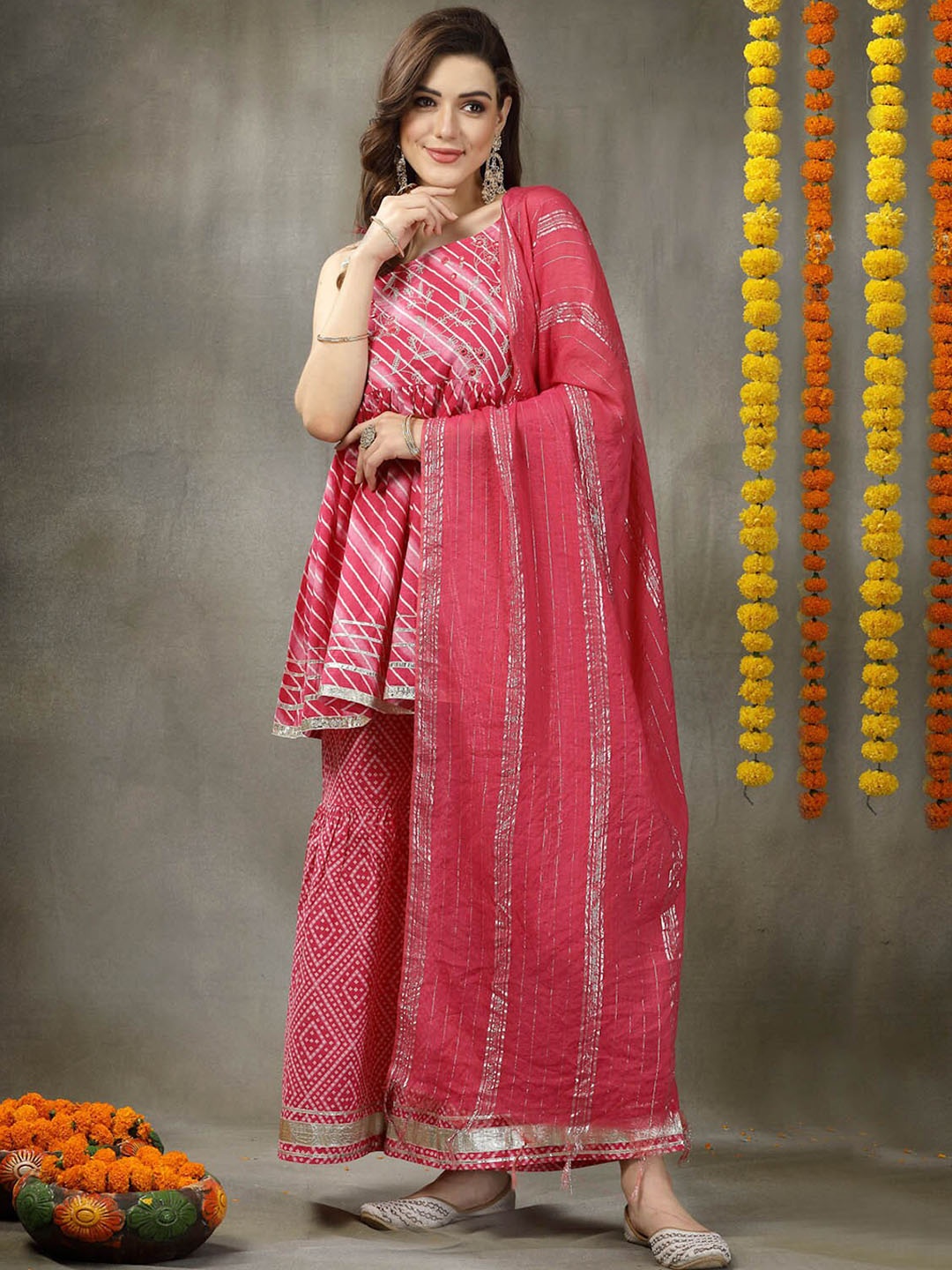 

Stylum Pink & White Leheriya Embroidered Pure Cotton A-Line Kurta & Sharara With Dupatta