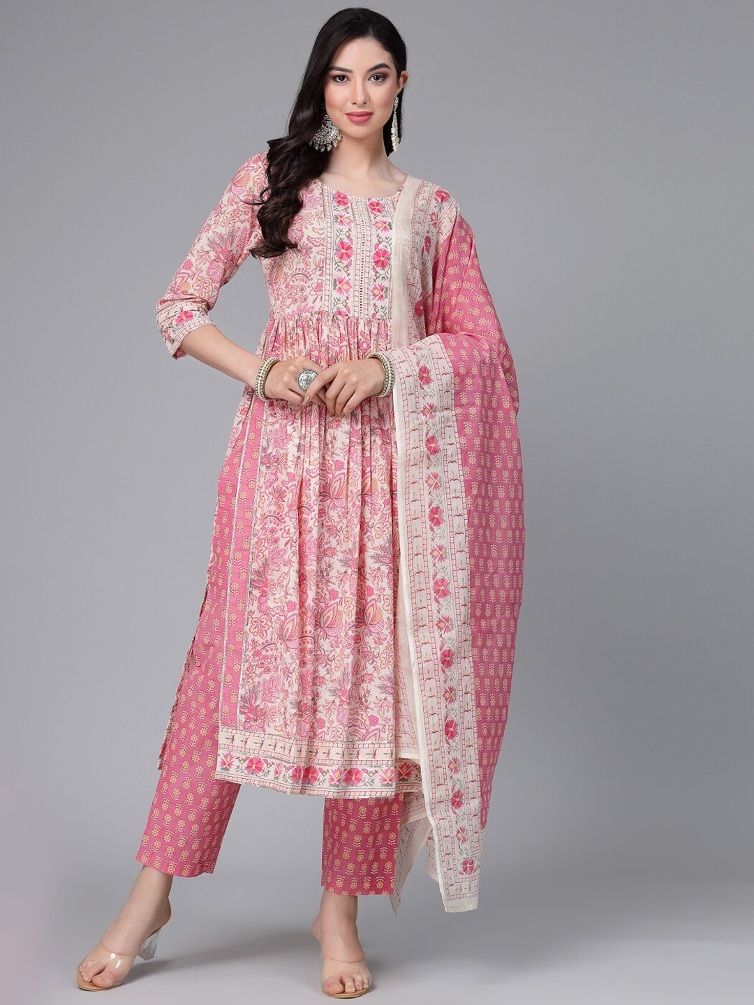 

Stylum Pink & Yellow Floral Printed Pure Cotton A-Line Kurta & Trousers With Dupatta