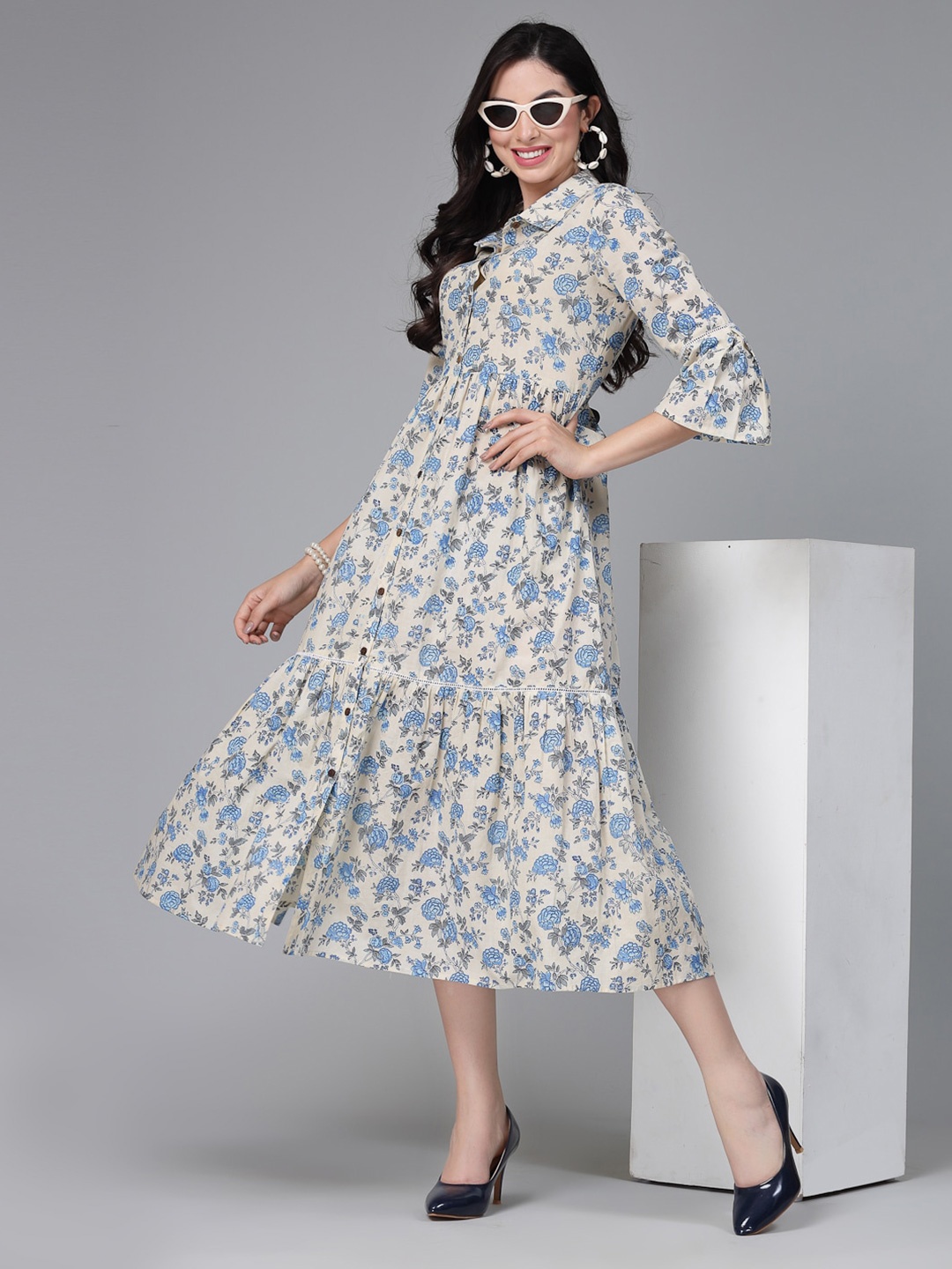 

Stylum Floral Print Bell Sleeve Cotton Tiered Midi Dress, Cream