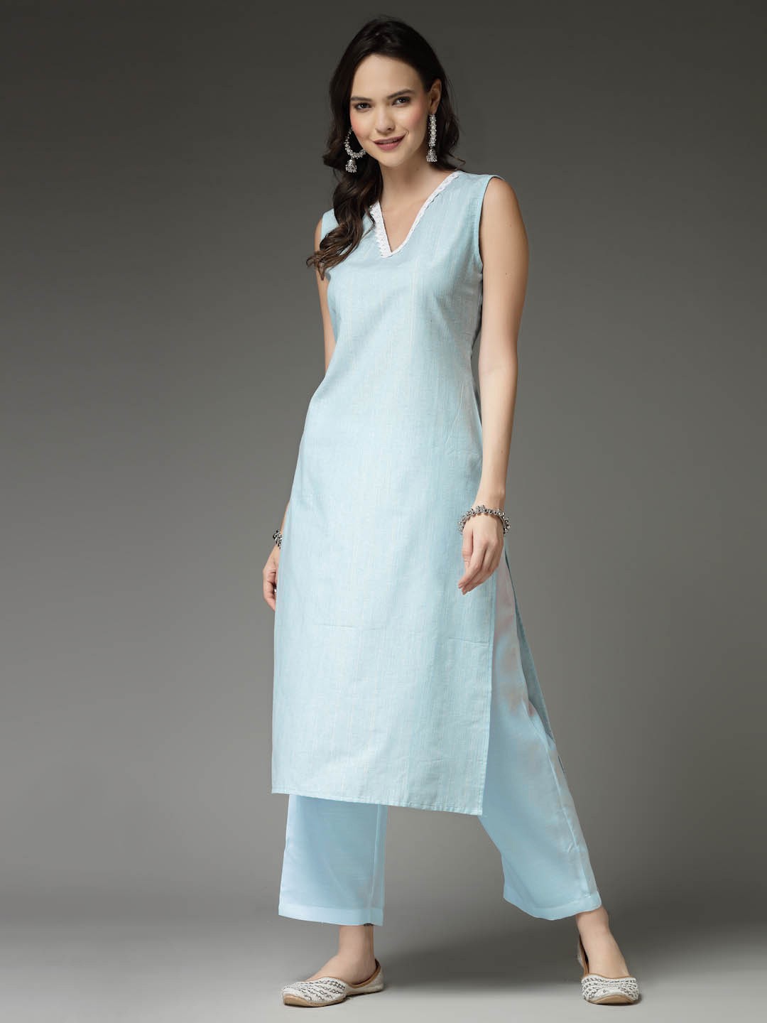 

Stylum Blue & White V Neck Straight Kurta with Trousers