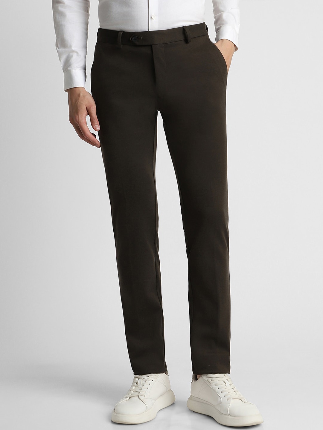 

Peter England Men Slim Fit Mid-Rise Formal Trousers, Brown