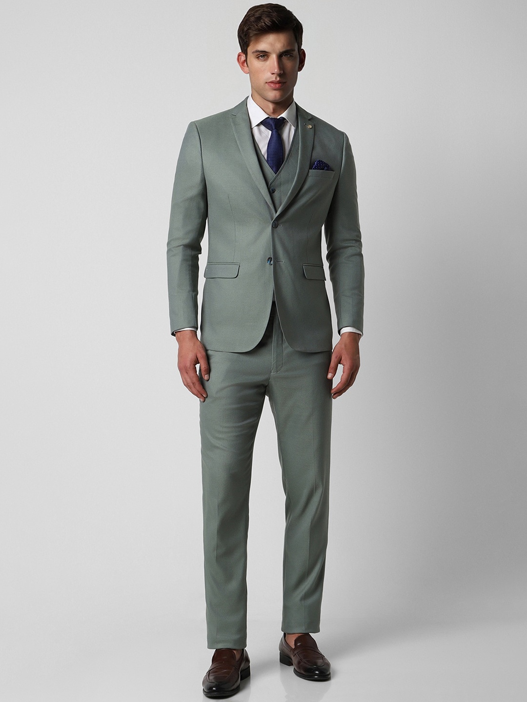 

Van Heusen Self Design Slim-Fit Single-Breasted Three Piece Party Suit, Green