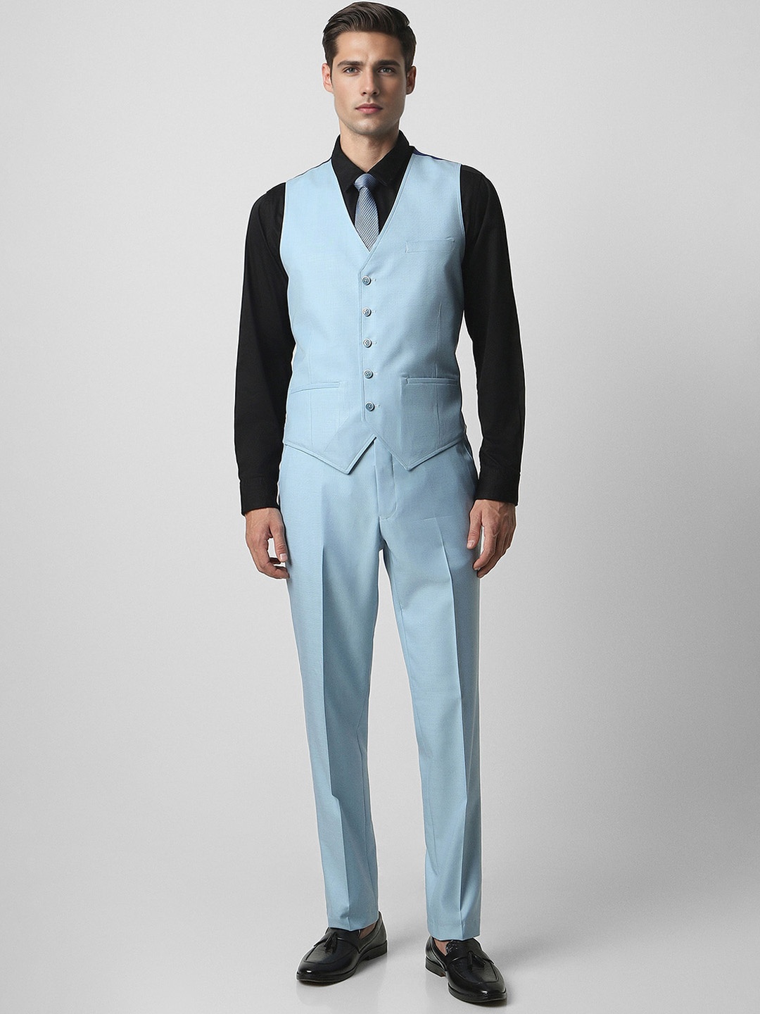 

Van Heusen Self Design Slim-Fit Single-Breasted Three Piece Party Suit, Blue