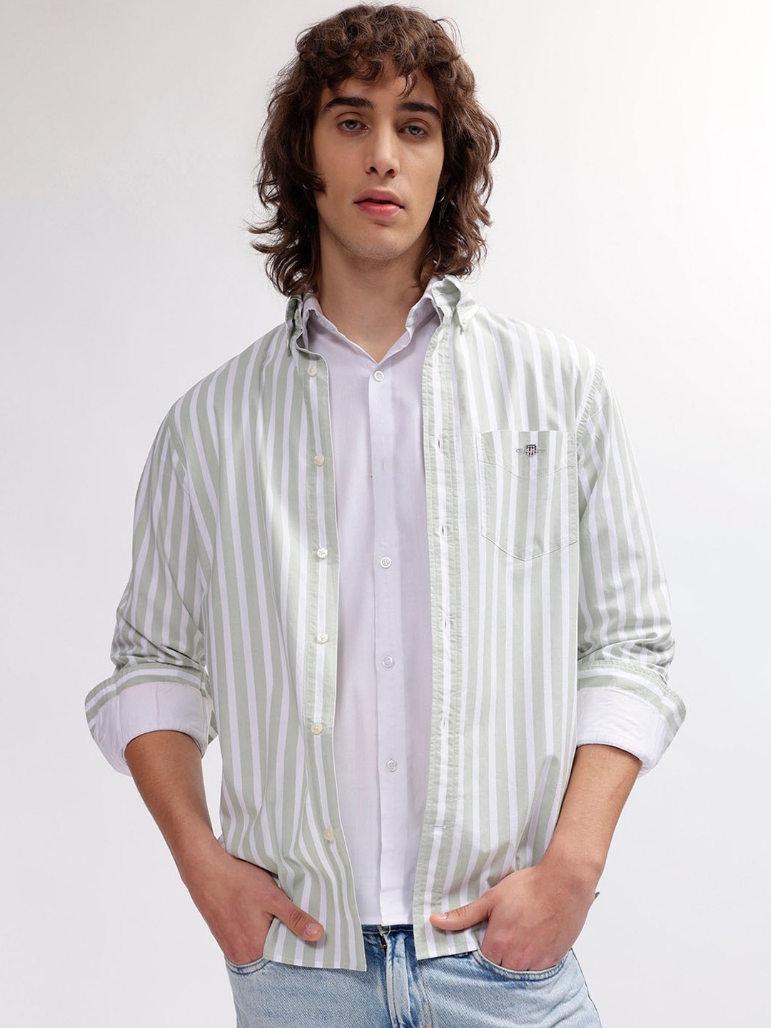 

GANT Striped Button Down Regular Fit Shirt, Green