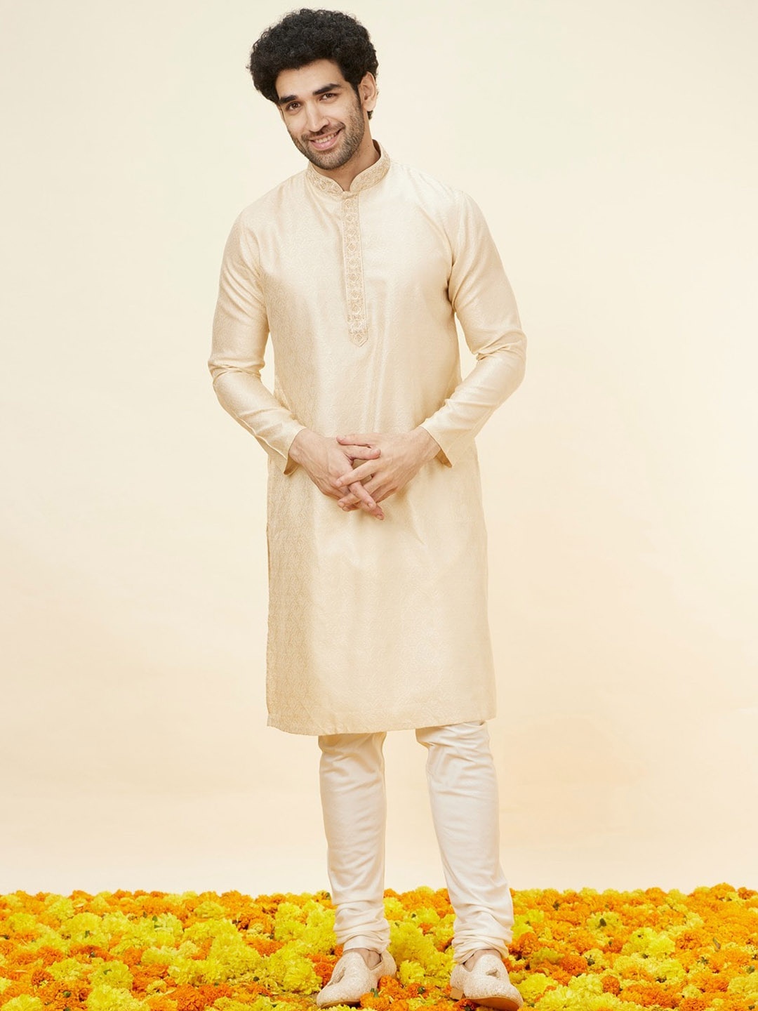 

Twamev Long Sleeves Mandarin Collar Regular Kurta with Churidar, Beige