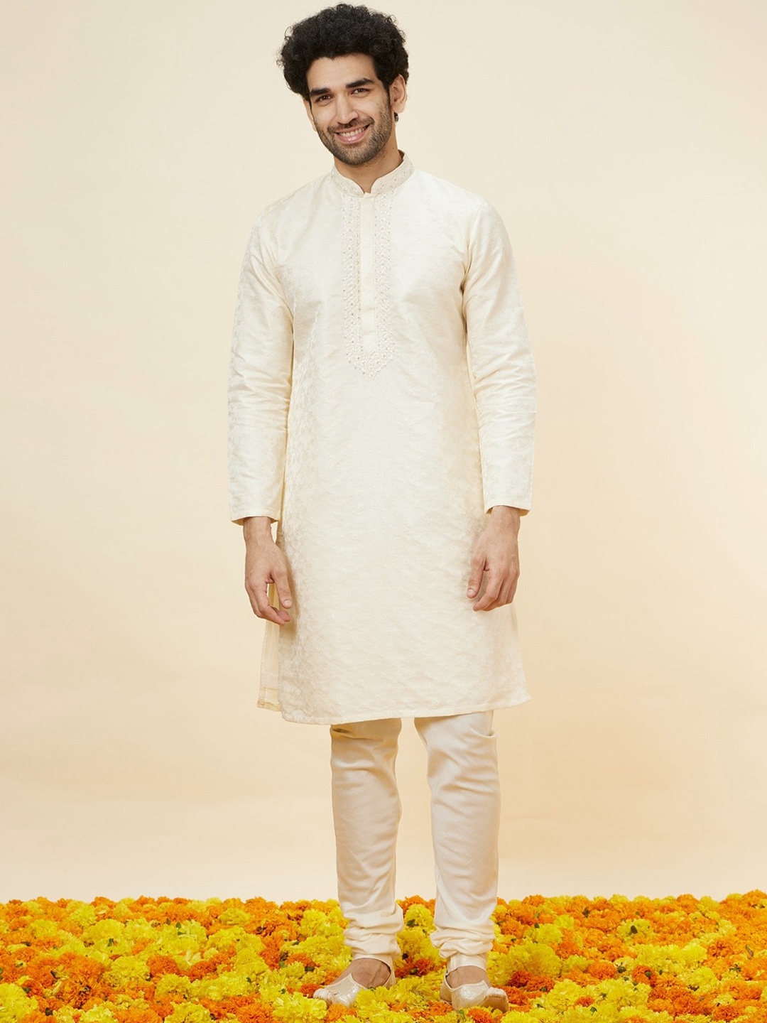 

Twamev Floral Yoke Design Regular Thread Work Kurta with Churidar, Cream