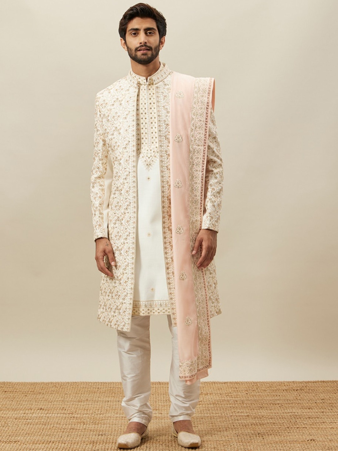 

Twamev Embroidered Mandarin Collar Long Sleeves Raw Silk Sherwani Set, Off white