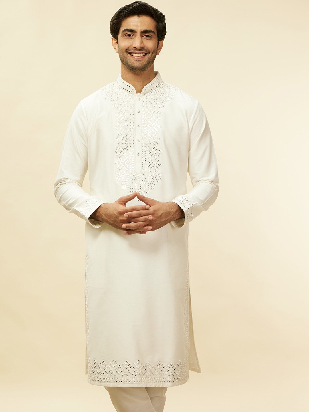 

Twamev Embroidered Regular Mirror Work Kurta with Churidar, Off white