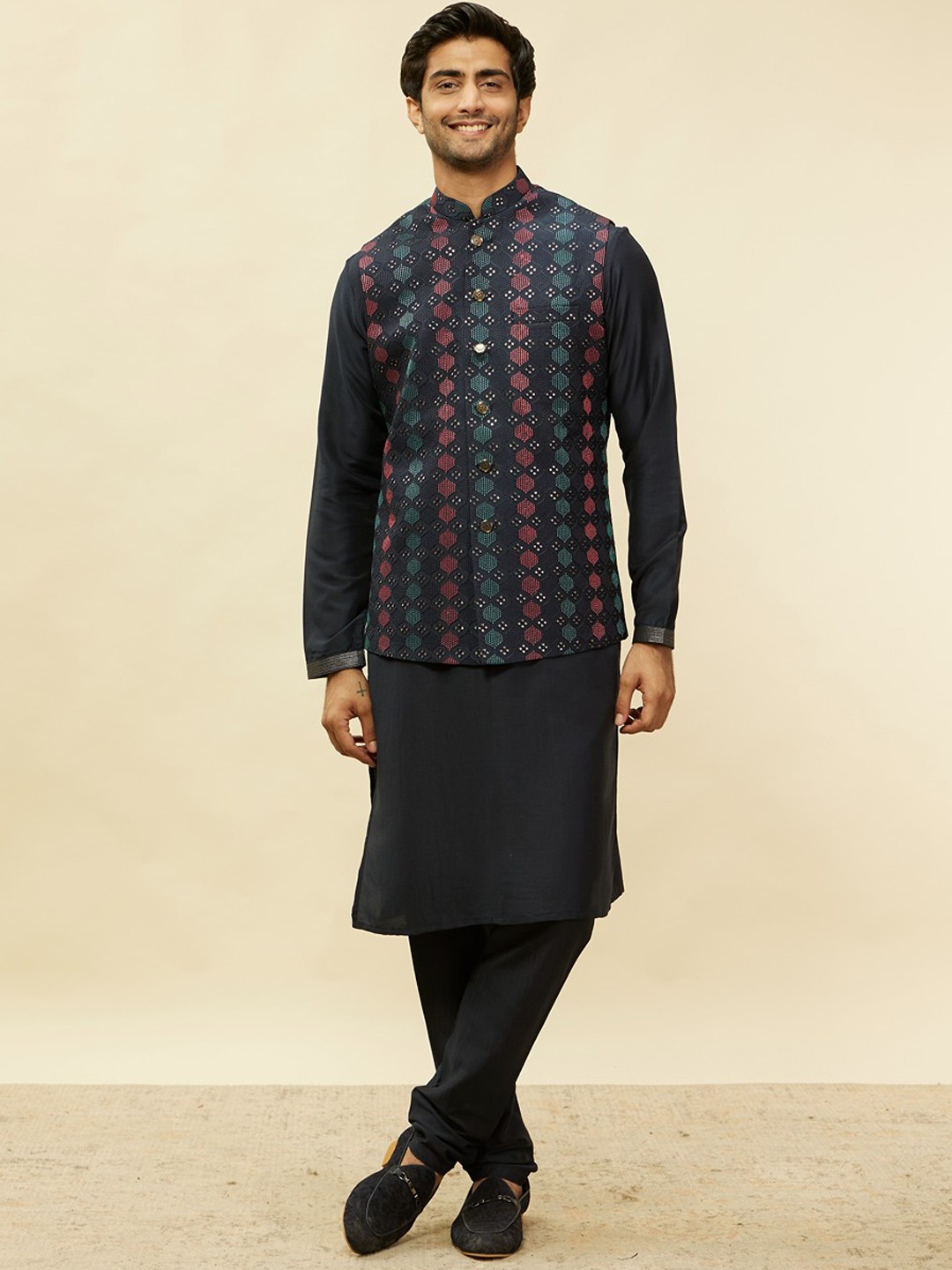 

Twamev Yoke Design Regular Kurta & Churidar With Jacket, Black