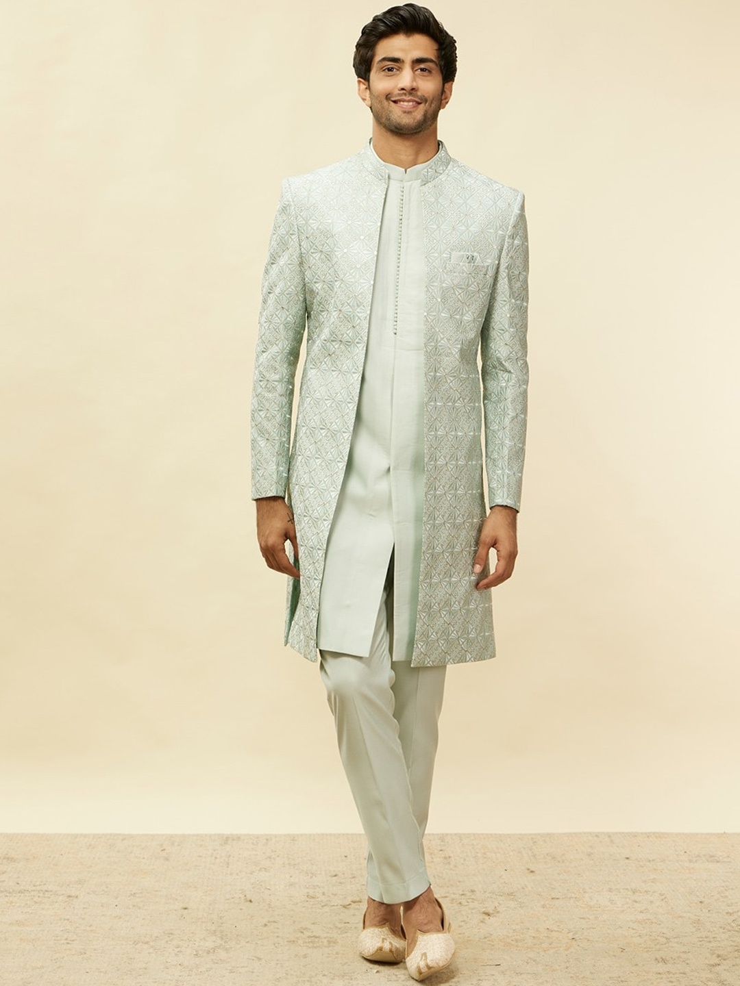 

Twamev Embroidered Mandarin Collar Long Sleeves Raw Silk Sherwani Set, Blue