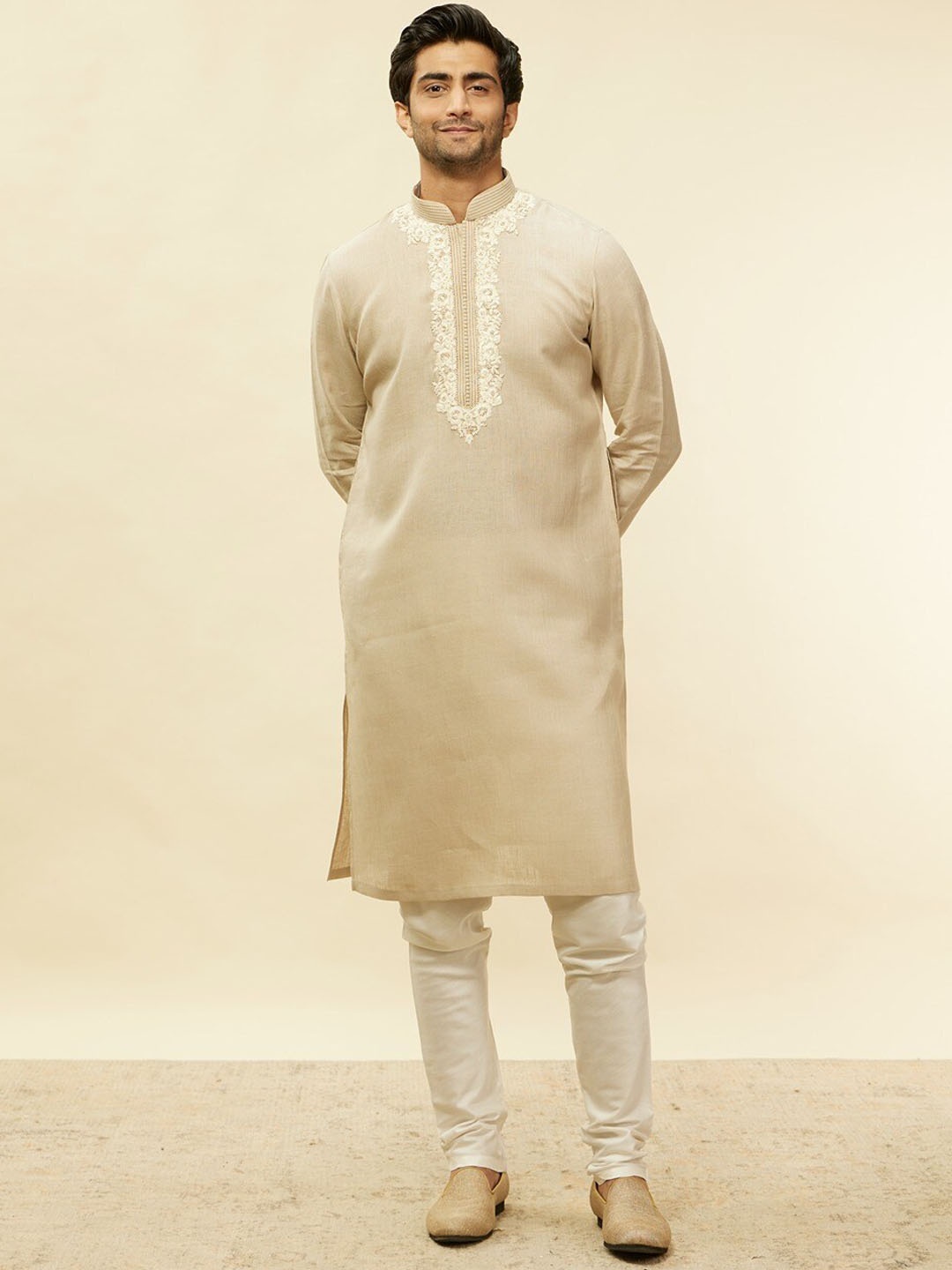 

Twamev Floral Yoke Design Regular Thread Work Linen Kurta with Churidar, Beige