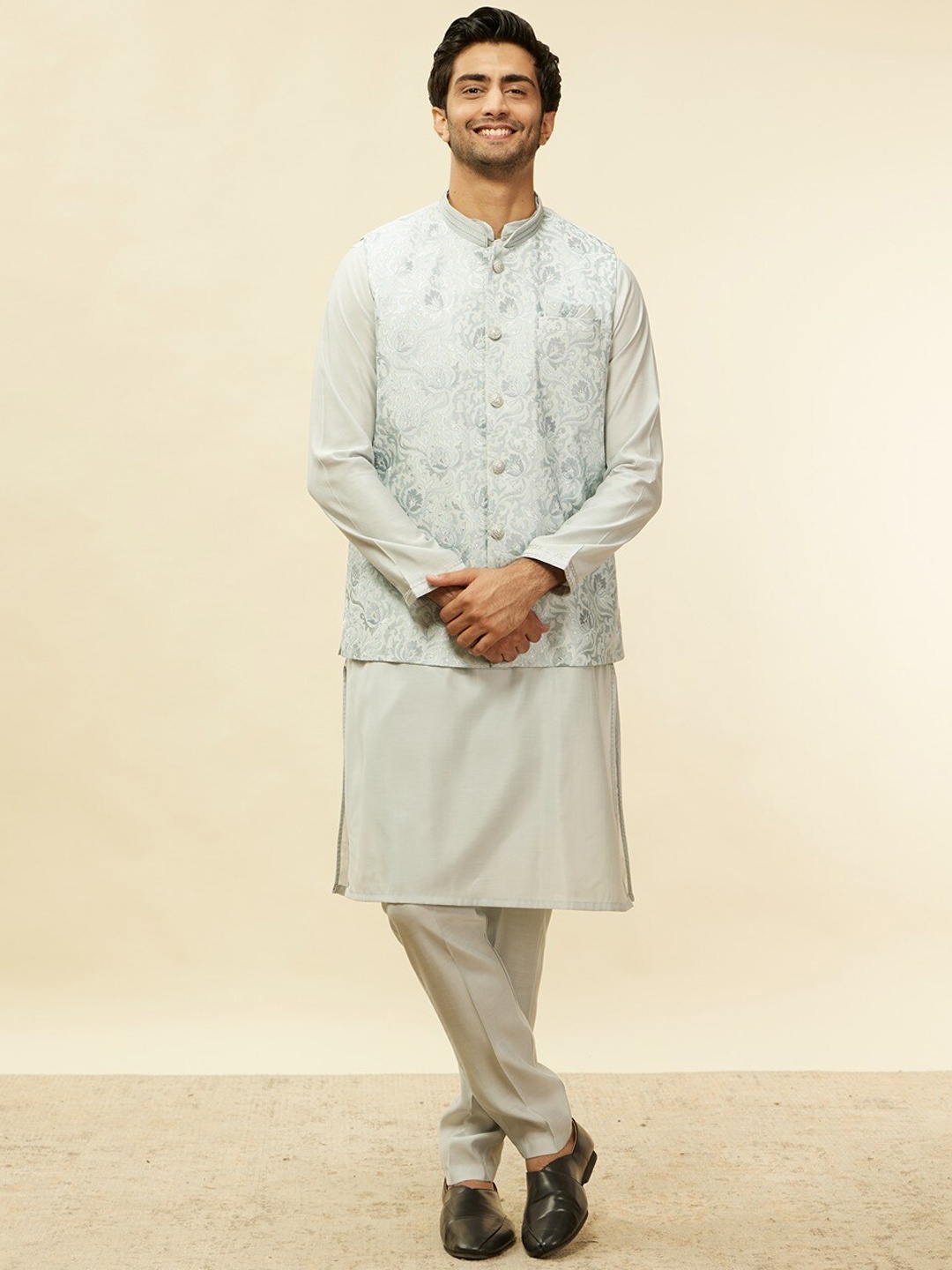 

Twamev Yoke Design Regular Thread Work Kurta and Trousers with Jacket, Blue