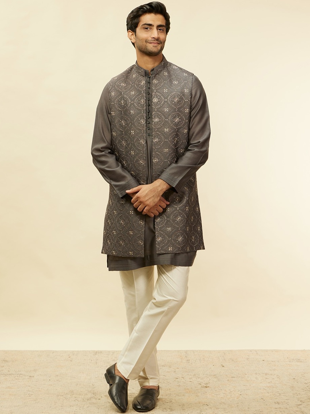 

Twamev Men Regular Kurta & Trousers With Jacket, Grey