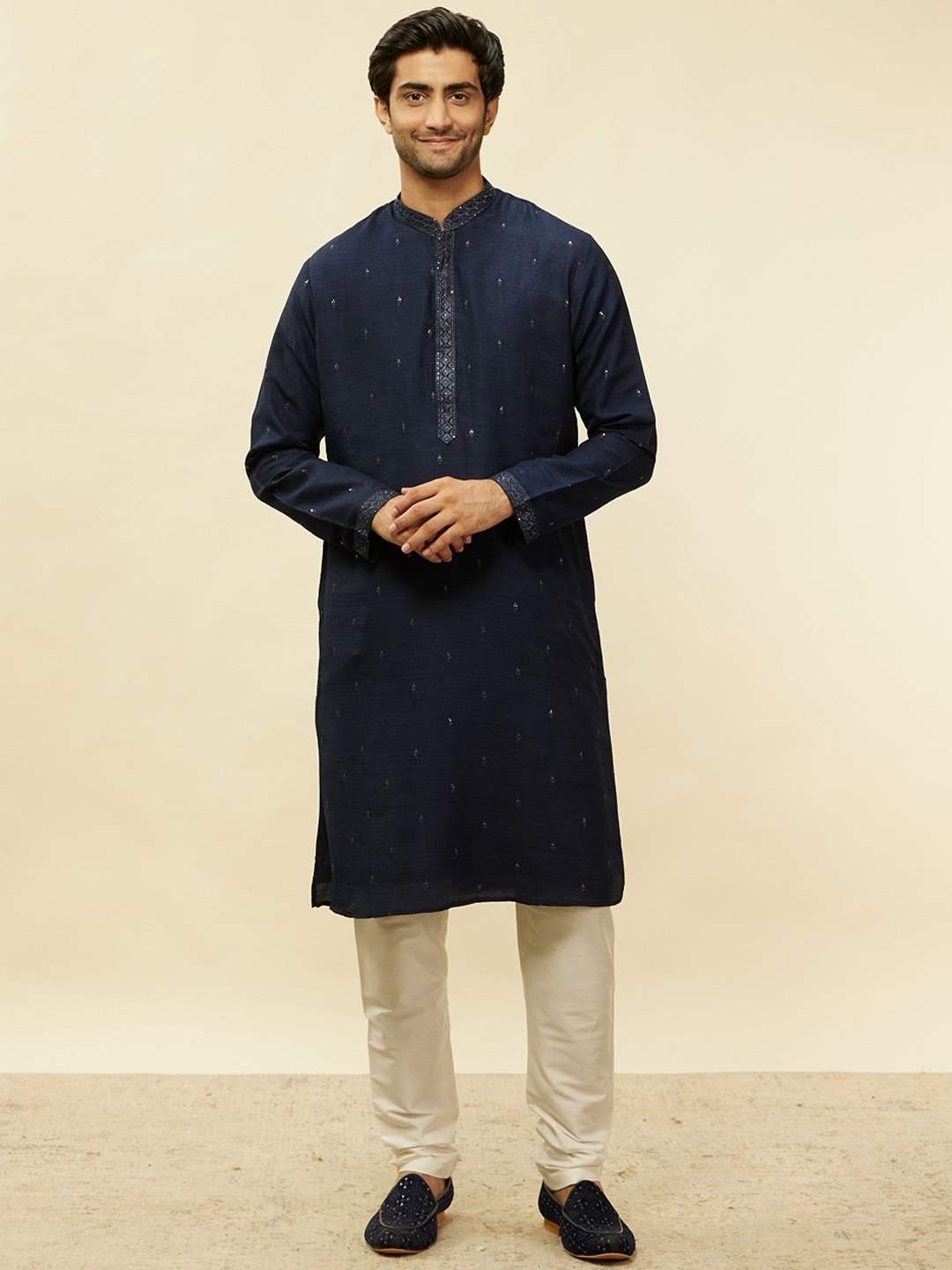 

Twamev Men Floral Embroidered Regular Sequinned Kurta and Churidar with Jacket, Blue