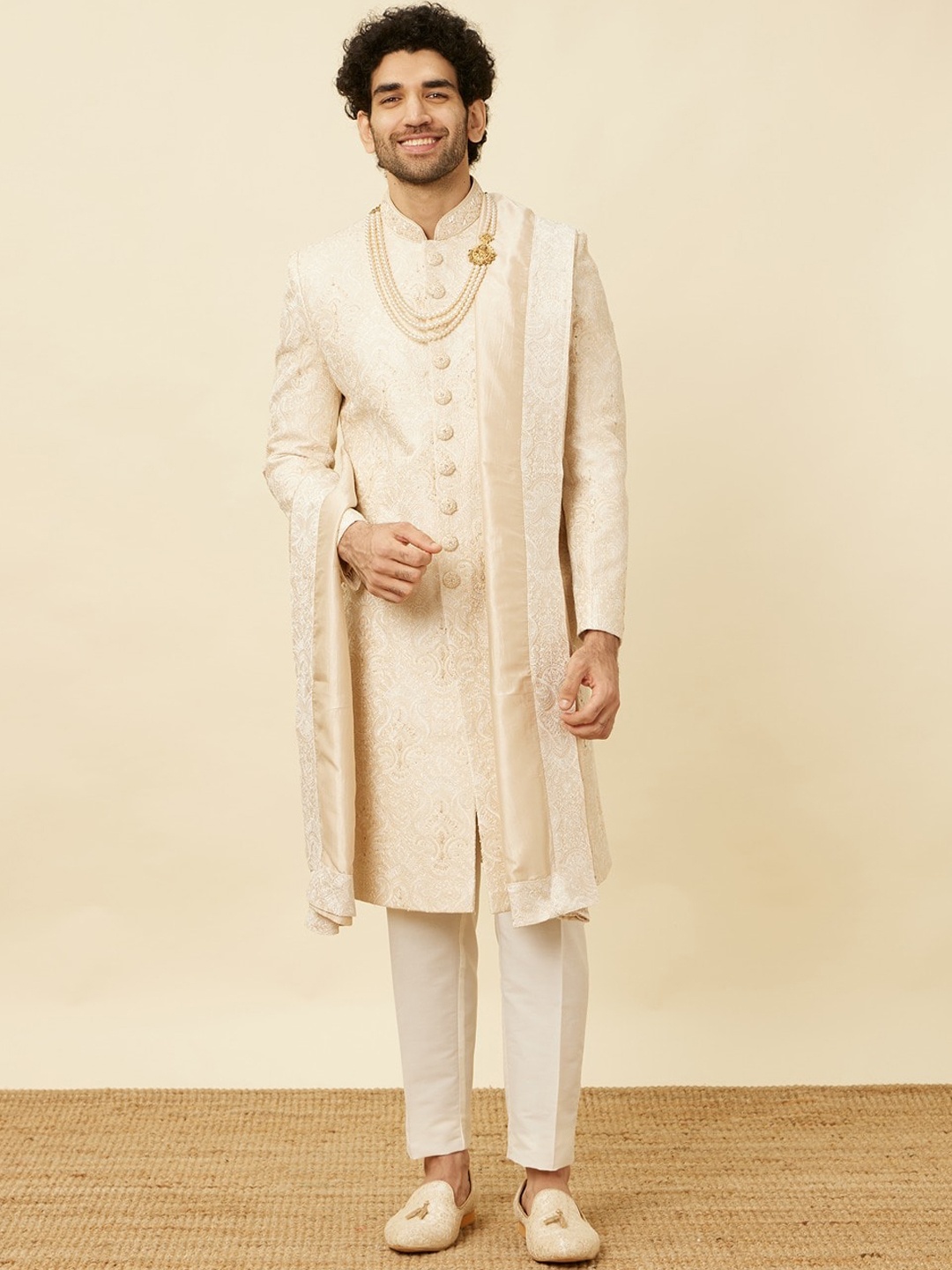 

Twamev Paisley Embroidered Sherwani Set, Beige