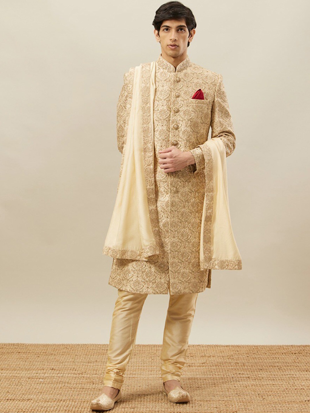

Twamev Embroidered Sherwani Set, Beige