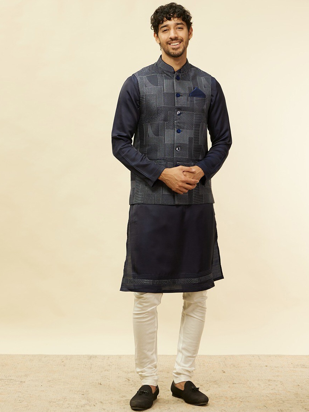 

Twamev Mandarin Collar Straight Kurta & Churidar With Jacket, Blue