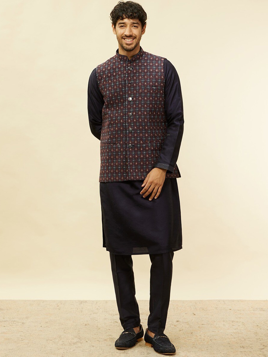 

Twamev Regular Kurta With Trousers & Jacket, Blue