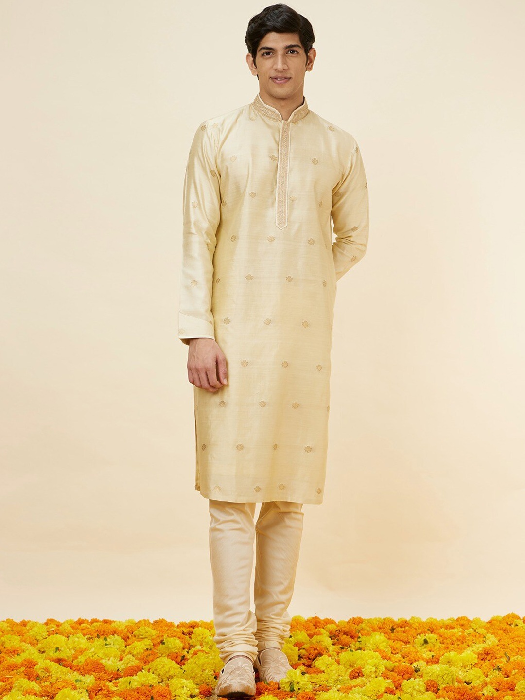 

Twamev Ethnic Motifs Woven Design Thread Work Straight Kurta With Churidar, Beige