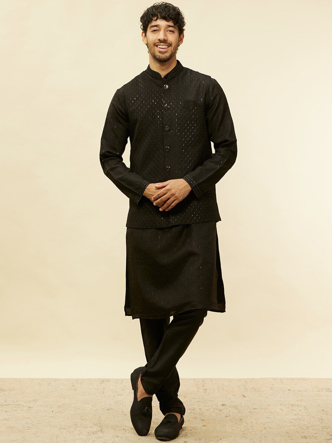 

Twamev Floral Embroidered Sequinned Straight Kurta & Churidar With Jacket, Black