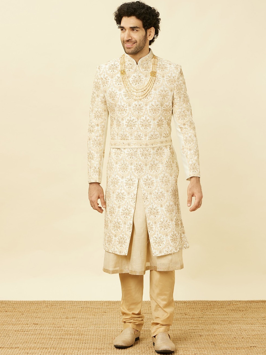 

Twamev Embroidered Sherwani Set, Cream