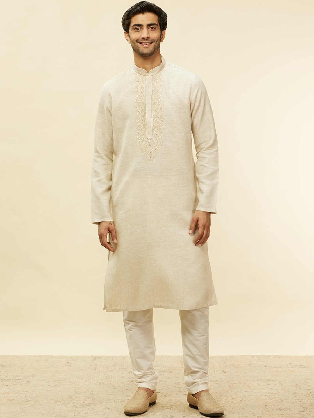 

Twamev Embroidered Regular Thread Work Linen Kurta with Churidar, Beige