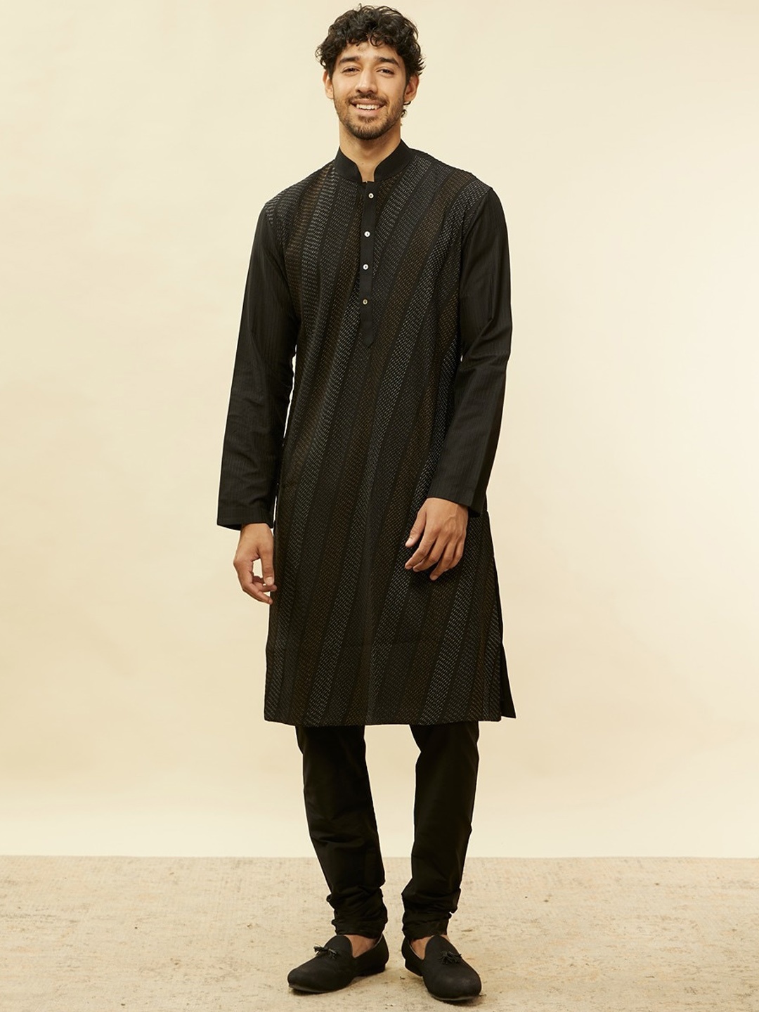

Twamev Striped Embroidered Thread Work Mandarin Collar Straight Kurta With Churidar, Black