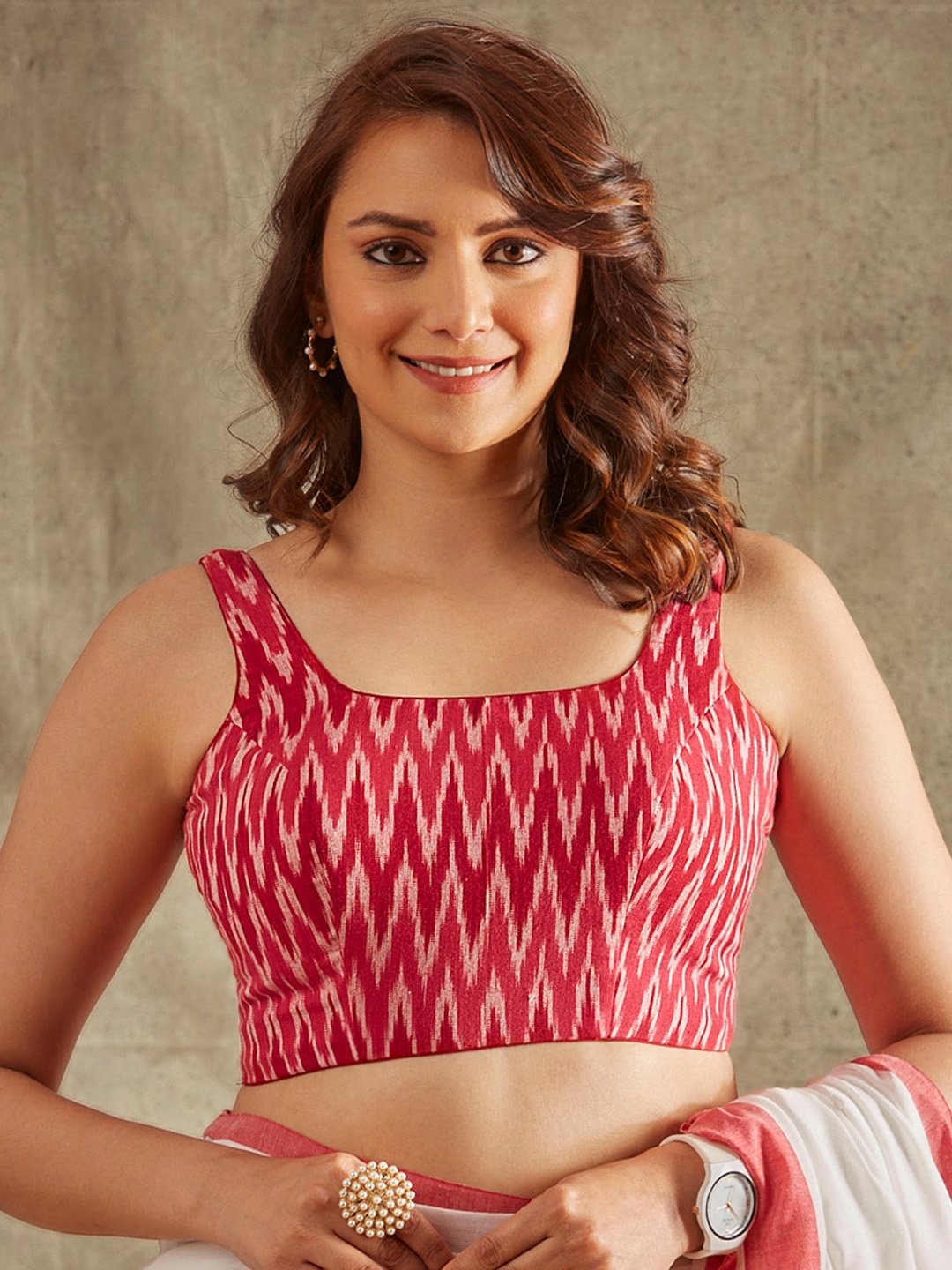 

SALWAR STUDIO Ikat Printed Cotton Saree Blouse, Pink