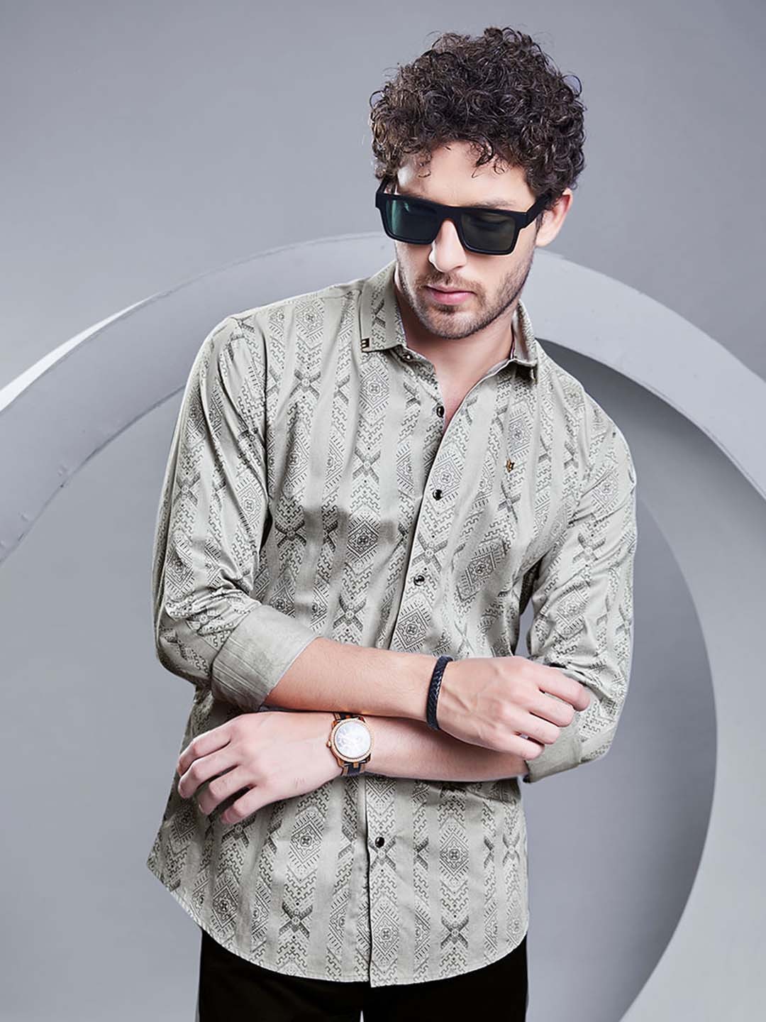 

ALMATY Men Comfort Slim Fit Opaque Striped Party Shirt, Grey