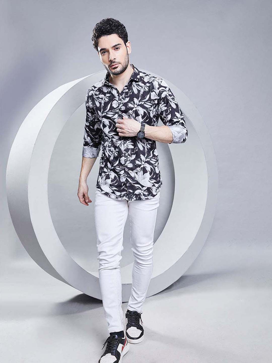 

ALMATY Men Comfort Slim Fit Floral Opaque Printed Party Shirt, Blue