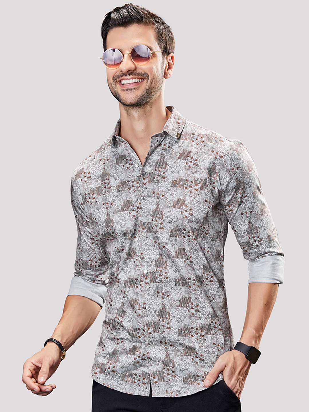 

ALMATY Abstract Printed Comfort Slim Fit Cotton Casual Shirt, Grey
