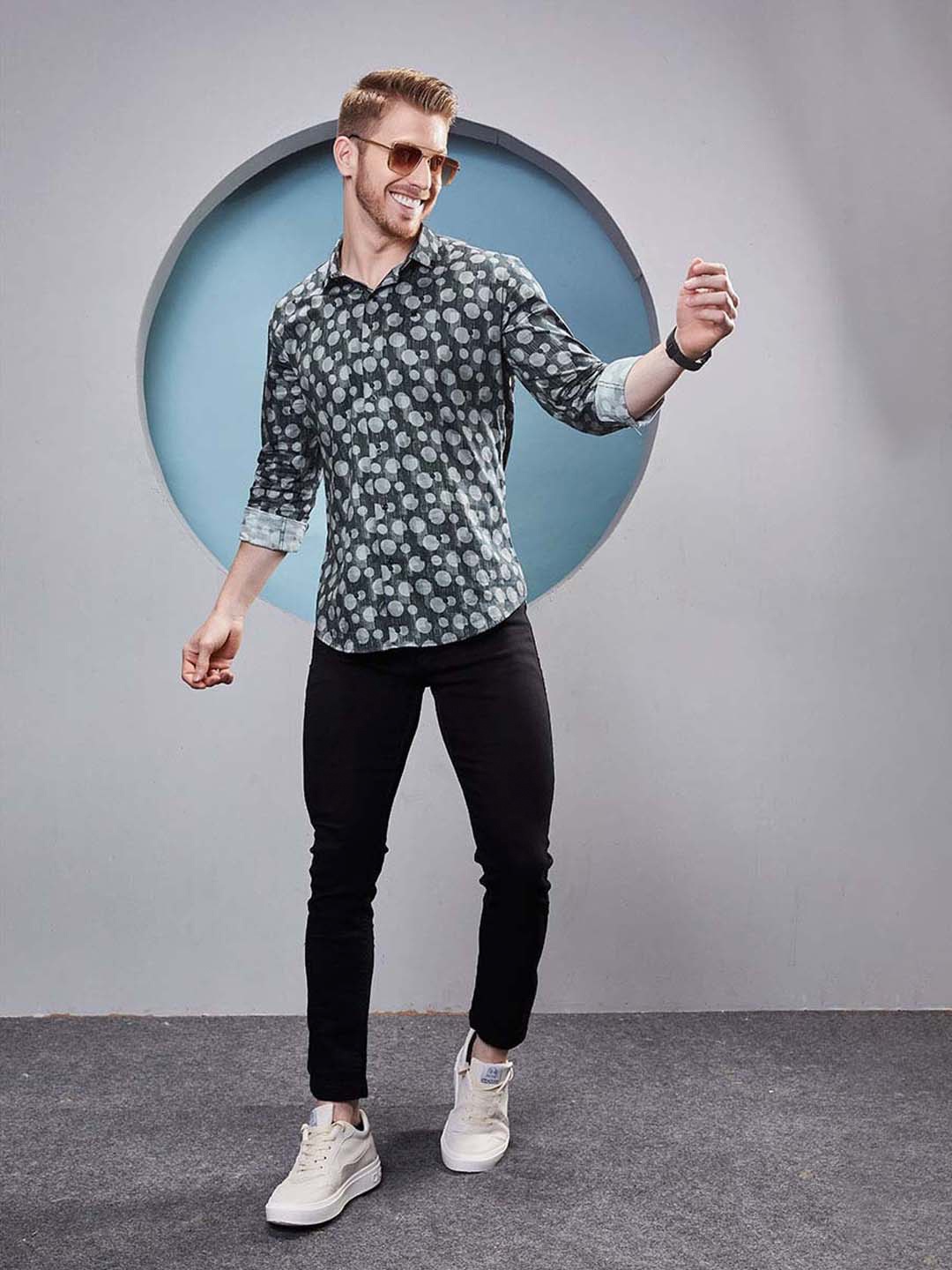 

ALMATY Men Comfort Slim Fit Opaque Printed Party Shirt, Grey
