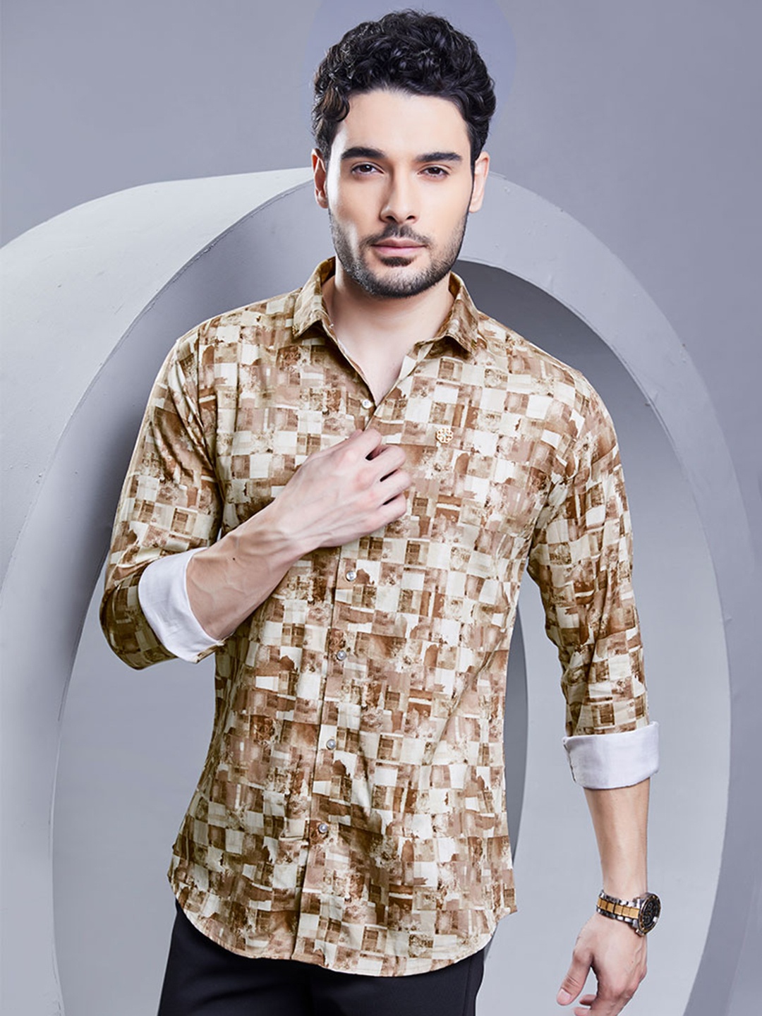 

ALMATY Men Comfort Slim Fit Floral Opaque Printed Party Shirt, Cream