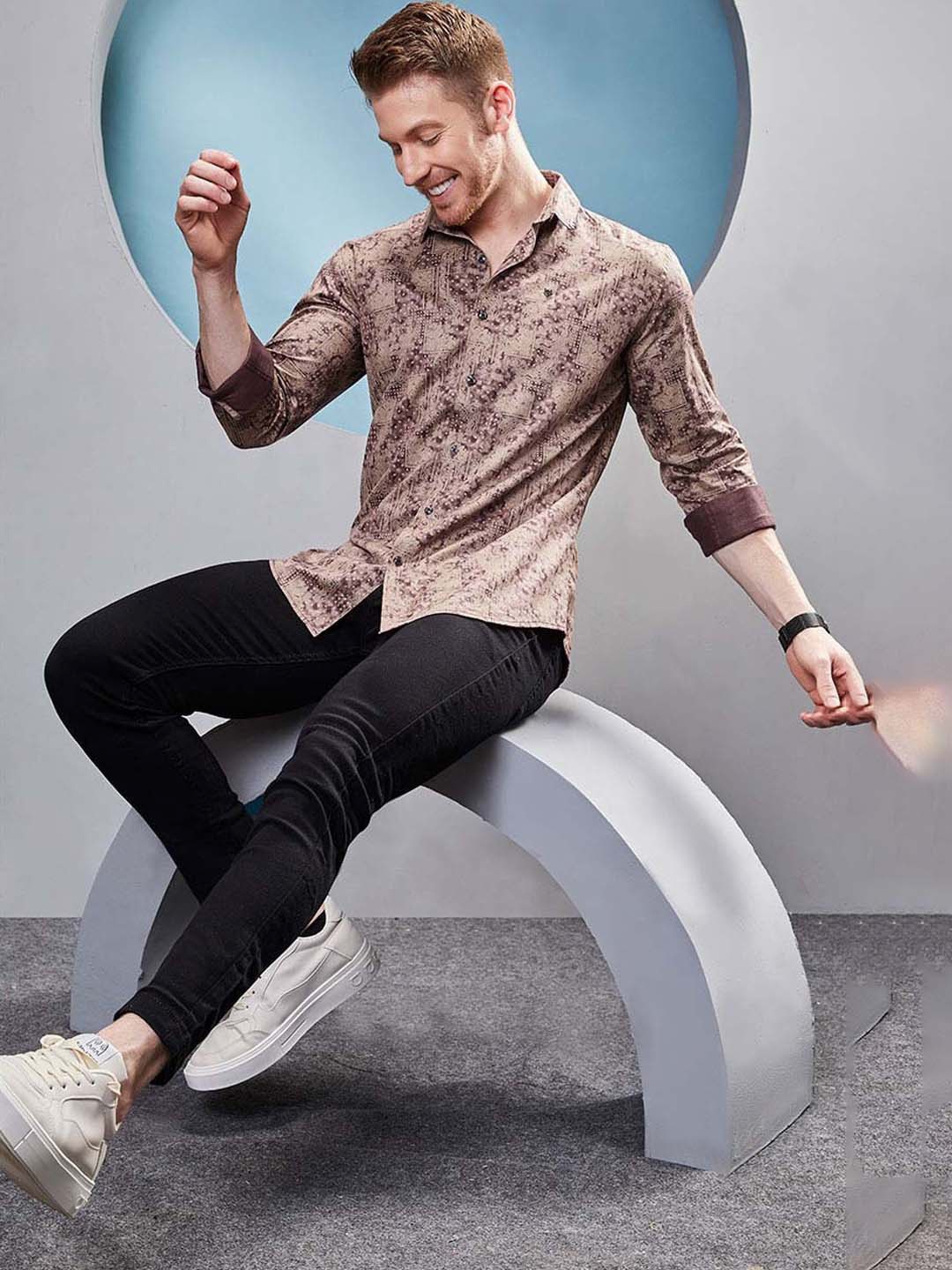ALMATY Men Comfort Slim Fit Floral Opaque Printed Party Shirt, Brown