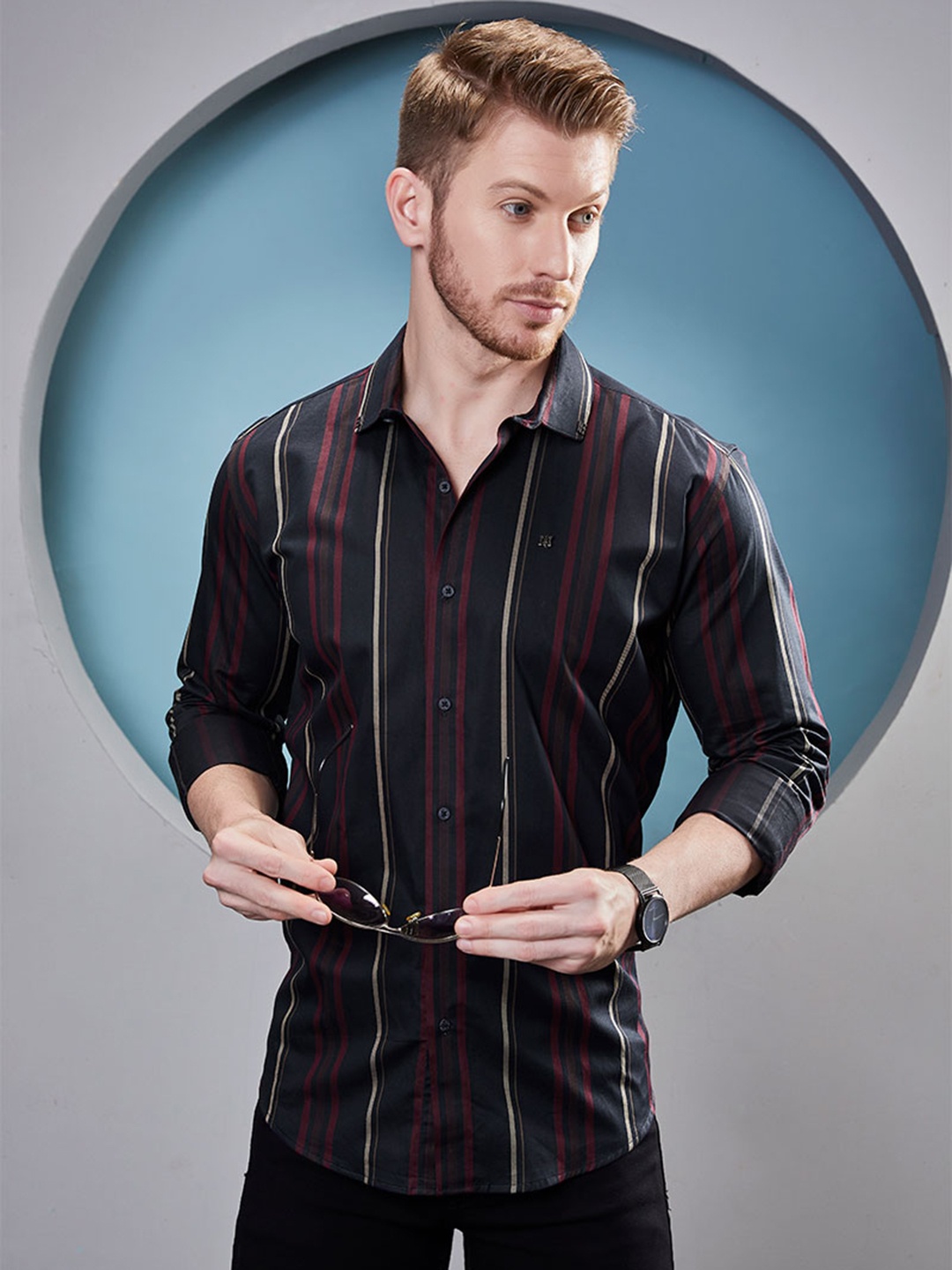 

ALMATY Men Comfort Slim Fit Tartan Checks Opaque Checked Party Shirt, Navy blue