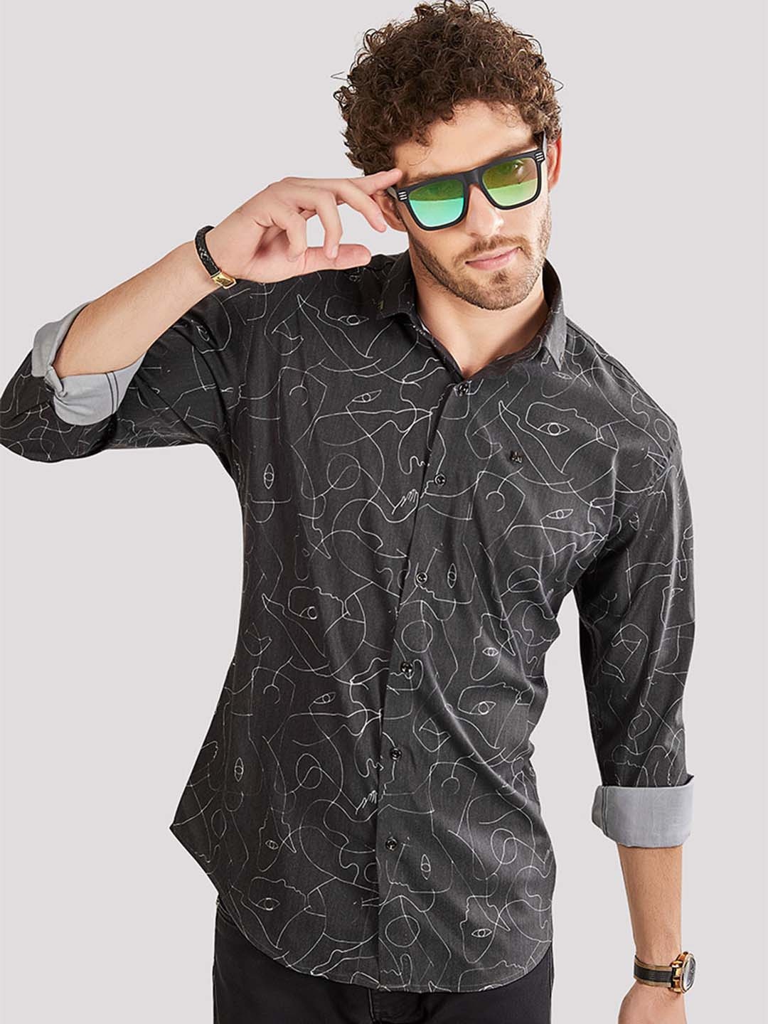 

ALMATY Men Comfort Slim Fit Opaque Printed Party Shirt, Black