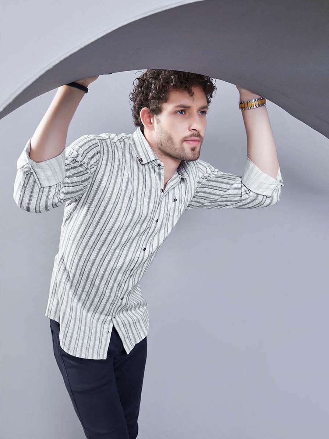 

ALMATY Men Comfort Slim Fit Opaque Striped Party Shirt, White