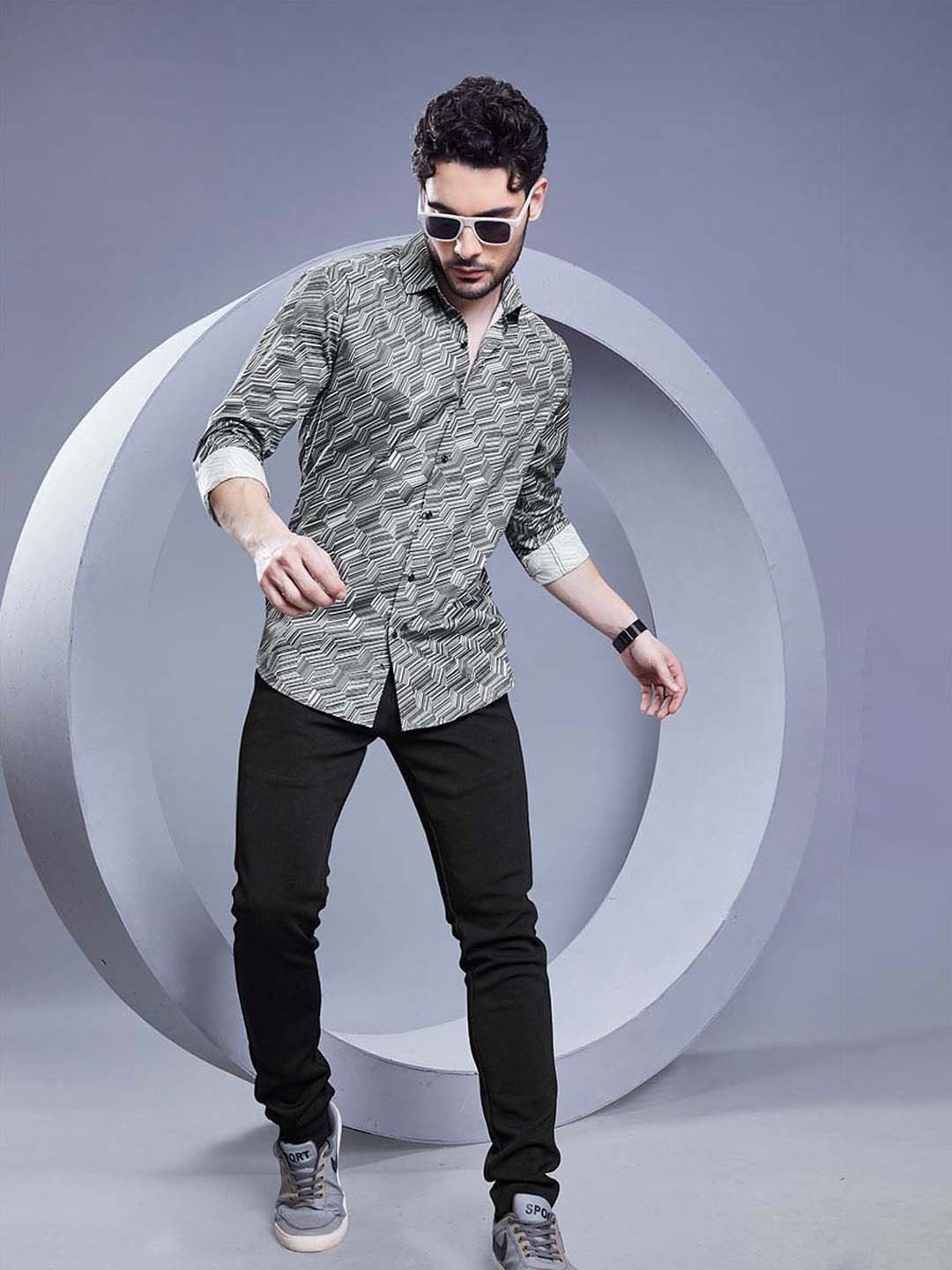 

ALMATY Men Comfort Slim Fit Opaque Printed Party Shirt, Black