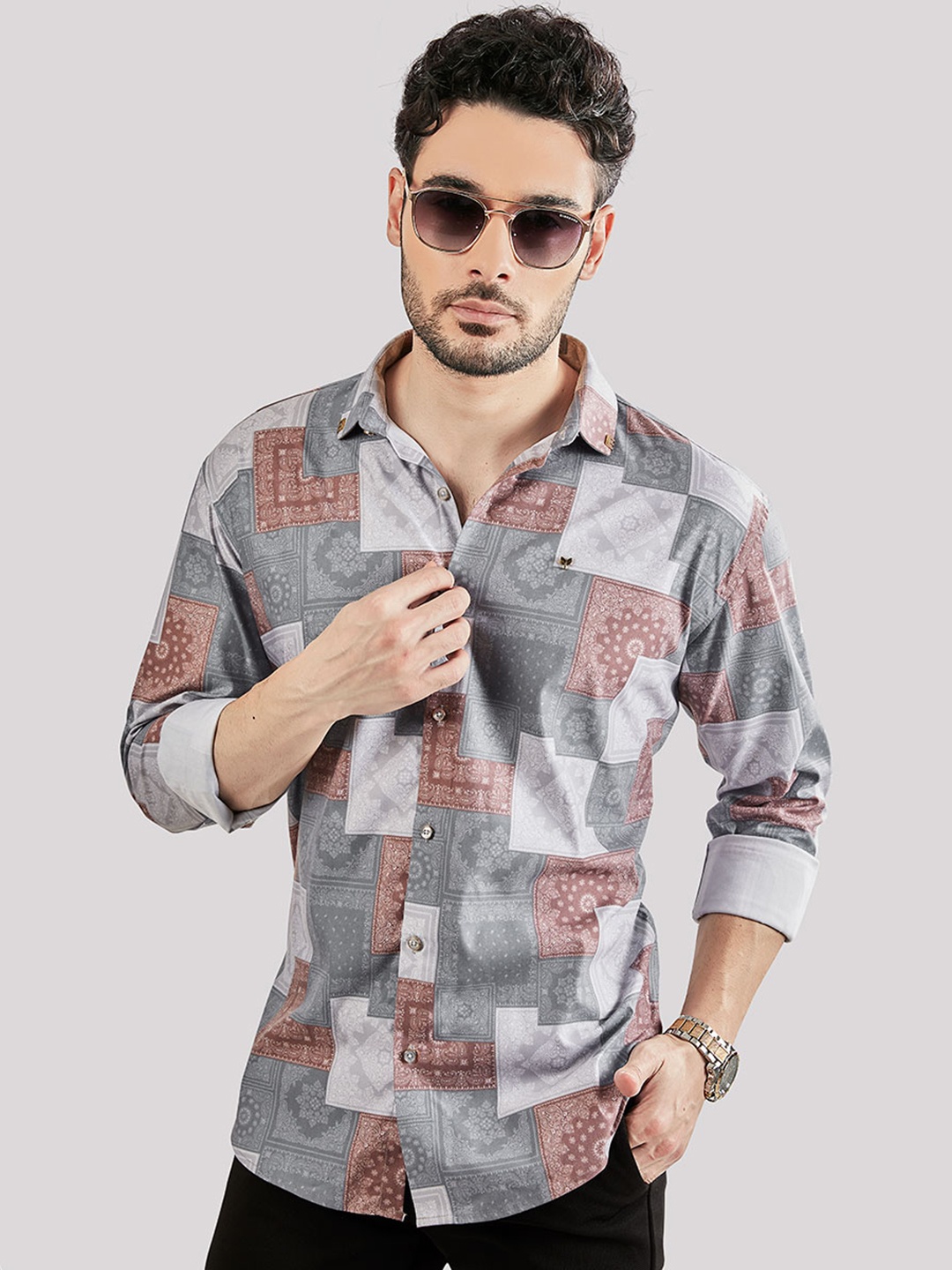 

ALMATY Men Comfort Slim Fit Floral Opaque Printed Party Shirt, Grey