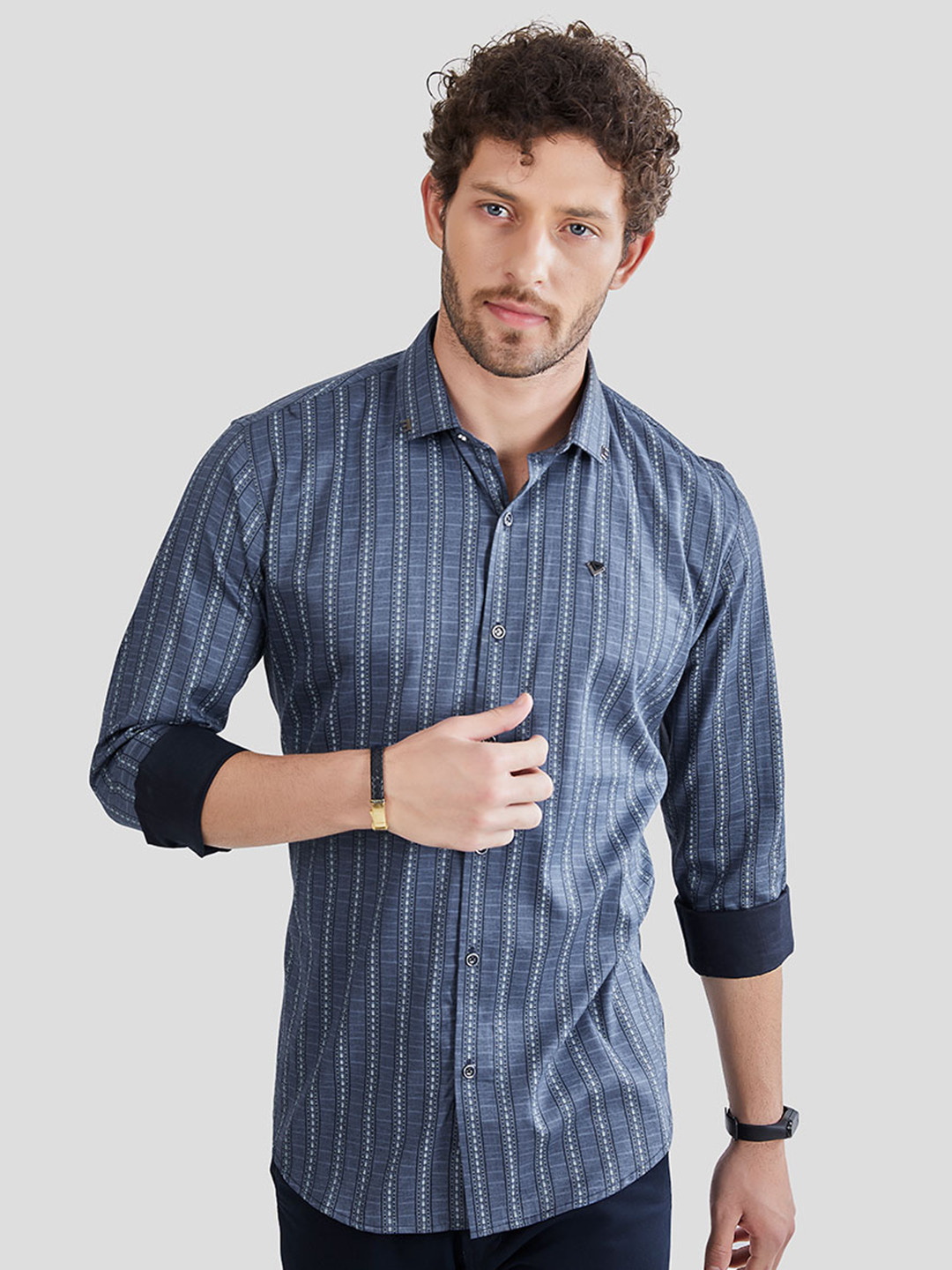 

ALMATY Men Comfort Slim Fit Opaque Striped Party Shirt, Blue