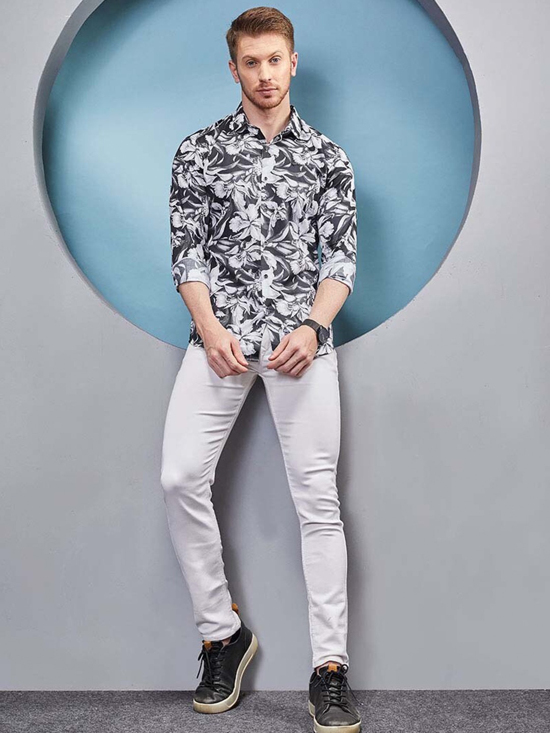 

ALMATY Men Comfort Slim Fit Opaque Printed Party Shirt, Black