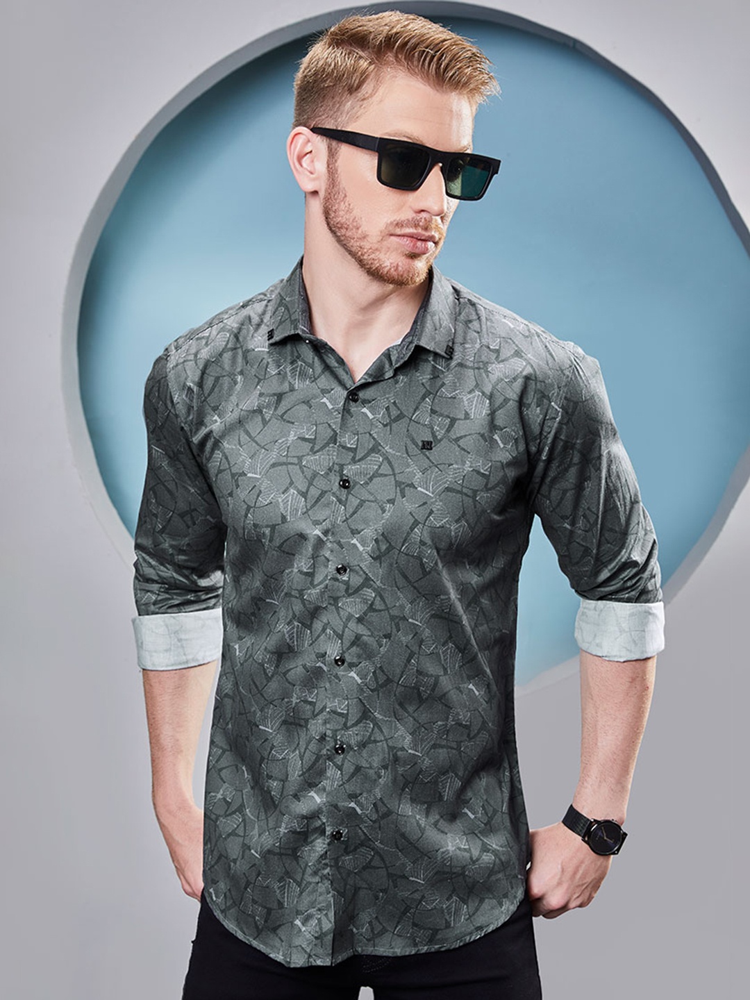 

ALMATY Men Comfort Slim Fit Opaque Printed Party Shirt, Green