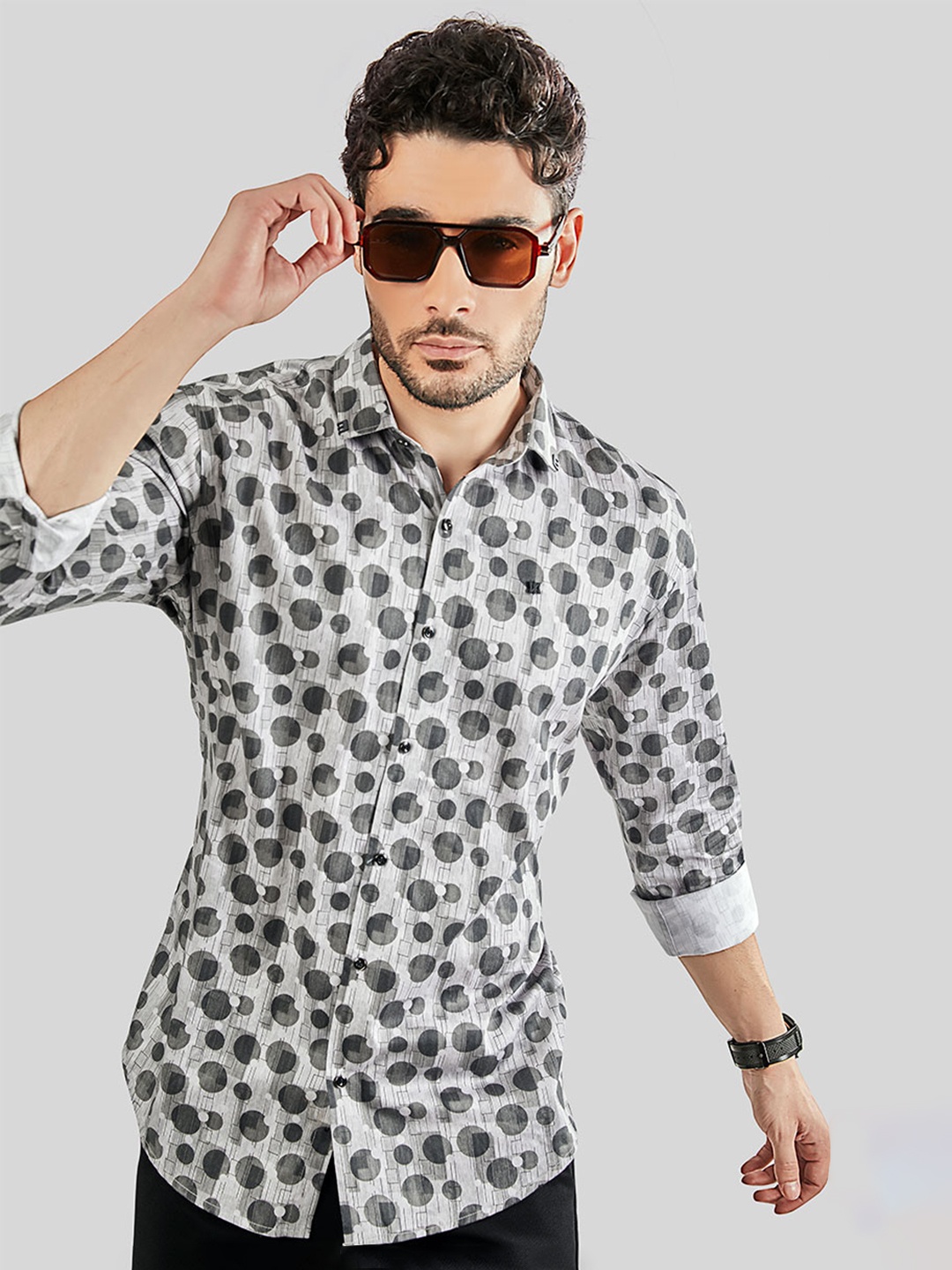 

ALMATY Men Comfort Slim Fit Opaque Printed Party Shirt, Grey